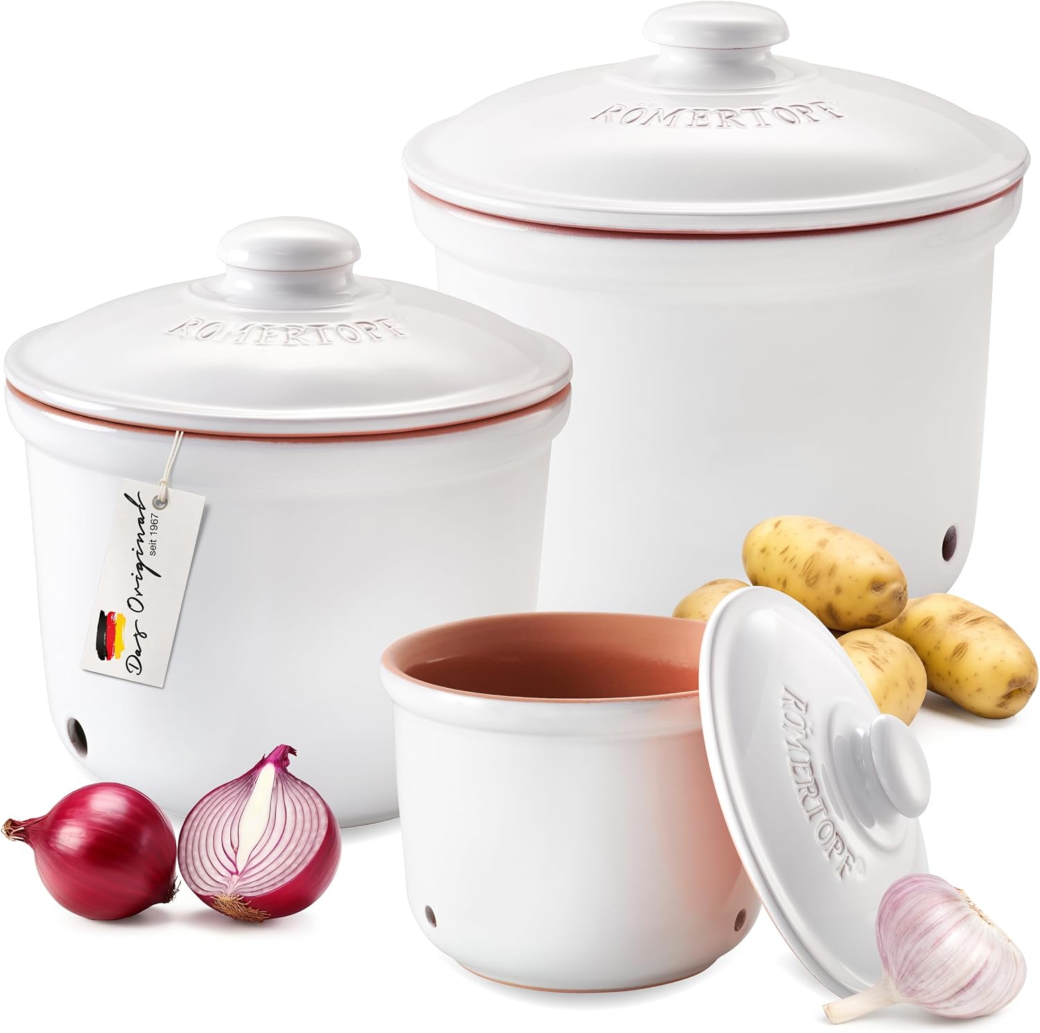 Romertopf Garlic Storage Pot with Lid – Ventilated Clay Container, Keeps Garlic Fresh, White