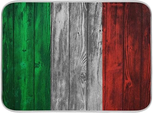 Tapete de secado de platos de madera con bandera italiana vintage, tapete escurridor de platos de microfibra reversible para encimera de cocina, 18