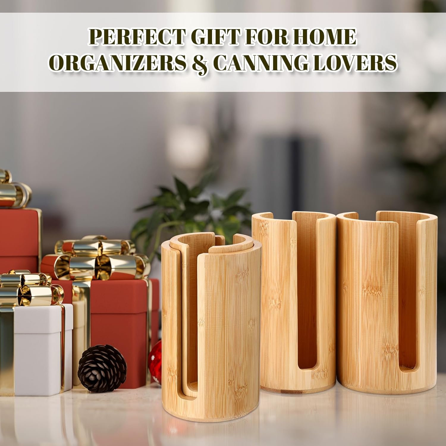 LemonRoad 4 Packs Mason Jar Lid Organizer Vertical Bamboo Storage Holder Fits Wide Mouth and Regular Mouth Mason Jar Accessories for Canning Lid Kitchen Rack Cabinet Organization (Double Sided Open)