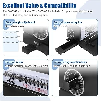 Round Hole Binding Machine Wear Resist 3:1 Pitch Wire-O Binder Iron Ring A4 Paper Binder Tool for Home & Office for Reports, Contracts