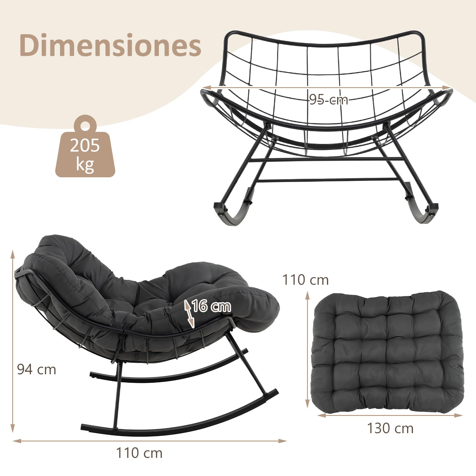 COSTWAY Silla Mecedora con Cojín Acolchado, 110x95x94 cm, Mecedora Salon Extra Grande, Carga 205 kg, Sillon Balancin con Marco de Metal, Pies Antideslizantes, Antivulco, Interior y Exterior, (Gris)