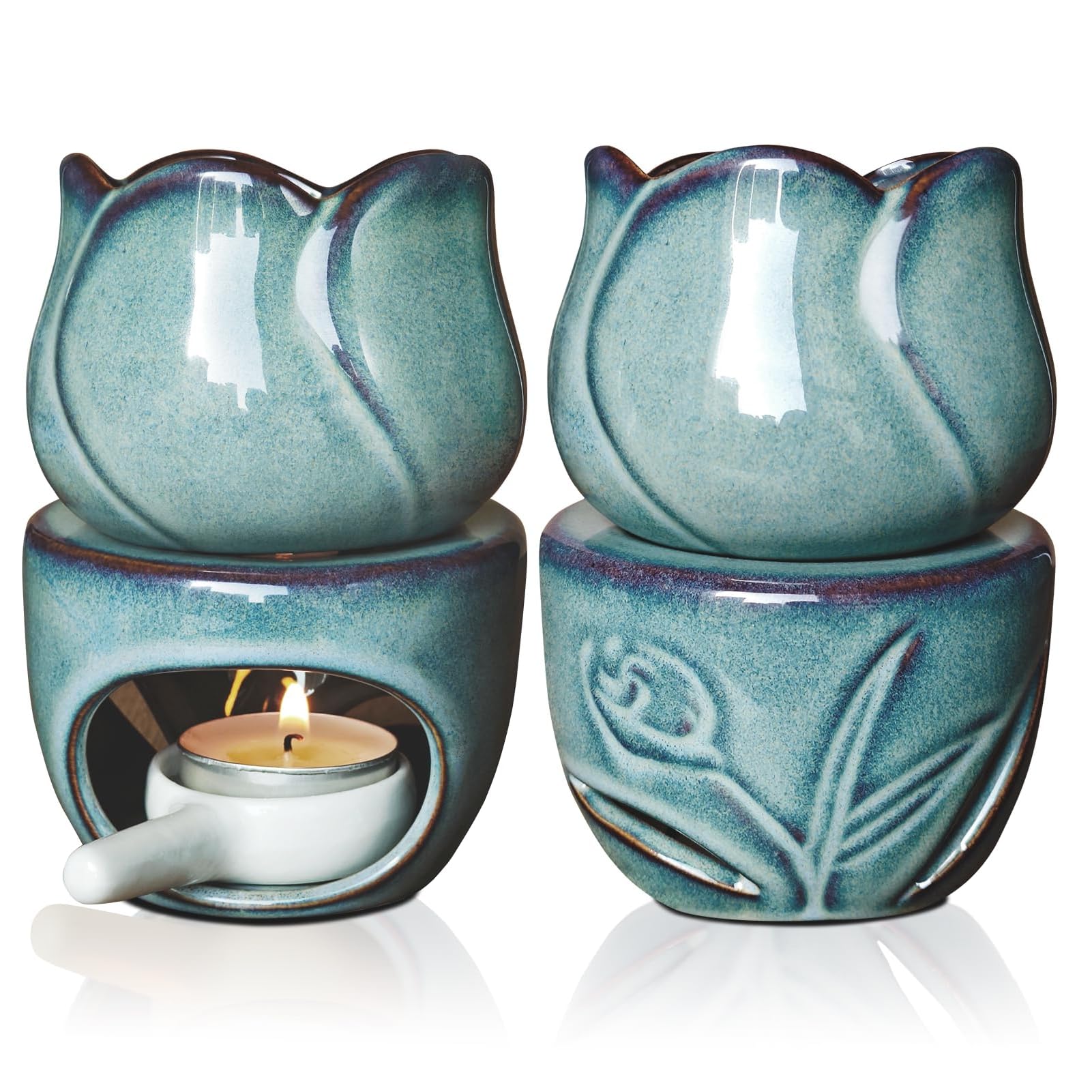Ceramic Essential Oil Burner Wax Melt Burner Set of 2 with Candle Spoon, Removable Aromatherapy Burner Blue Ceramic Aroma Oil Candle Diffuser Wax Tart Warmer for Home Bedroom Decor