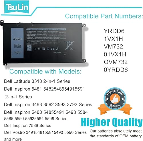 Miniatura 4 de Batería YRDD6 1VX1H de 42 Wh para Dell Inspiron 7586 5482 5485 5491 5591 3310 2 en 1 5593 5591 5480 3493 3582 3583 3584 3593 3593 3584 3593 3 793 5
