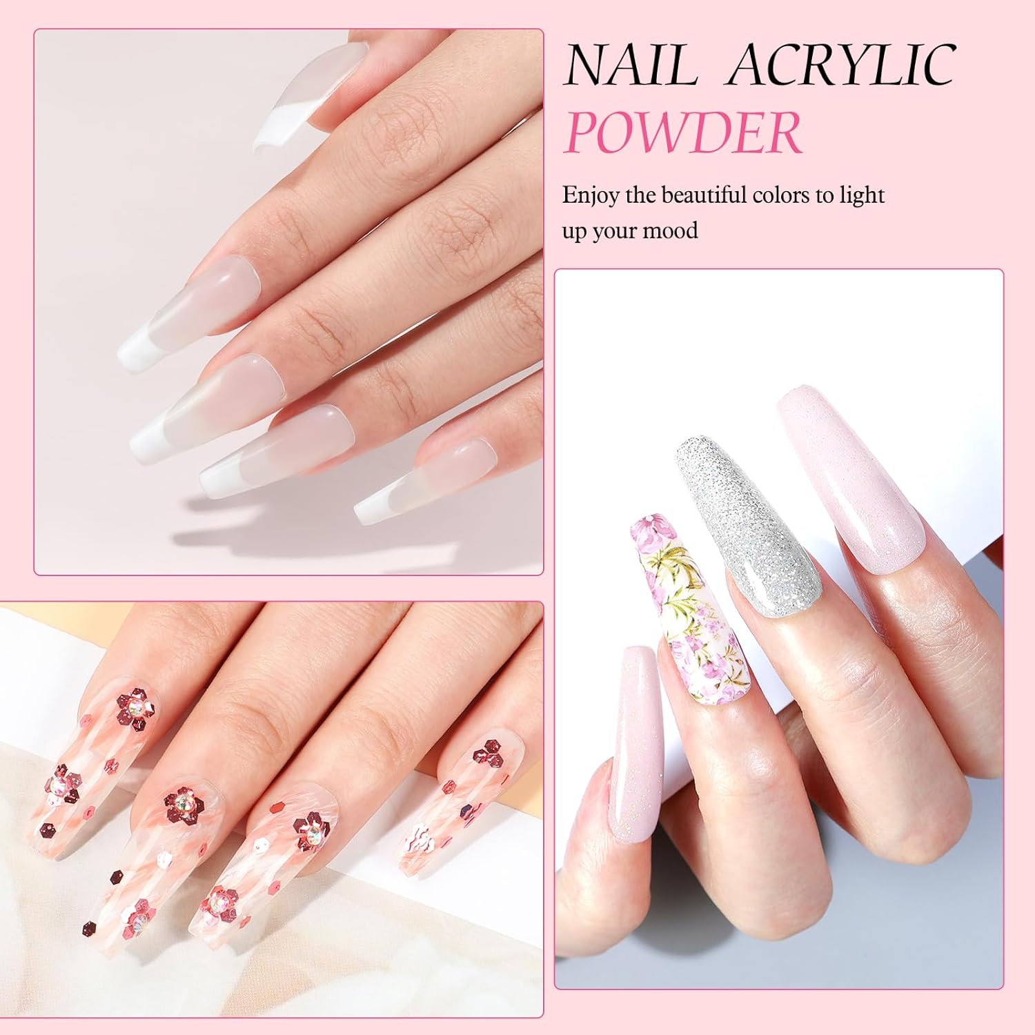 Acrylic Nail Kit with Drill and U V Light, Professional Nail Kit Acrylic Set for beginners with Everything 3PC Powder 24PC Glitter Fake Tips Decoration Nails Set DIY Home Salon