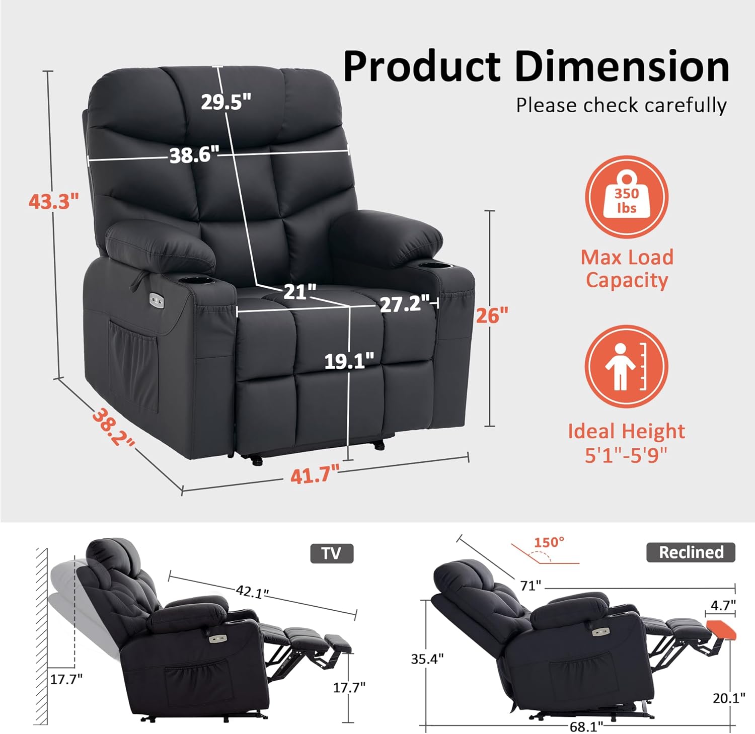 MCombo Oversized Power Lift Recliner Chair with Extended Footrest, Extra Wide for Big and Tall Elderly People, Faux Leather R7289 (Black, Medium-Oversize)