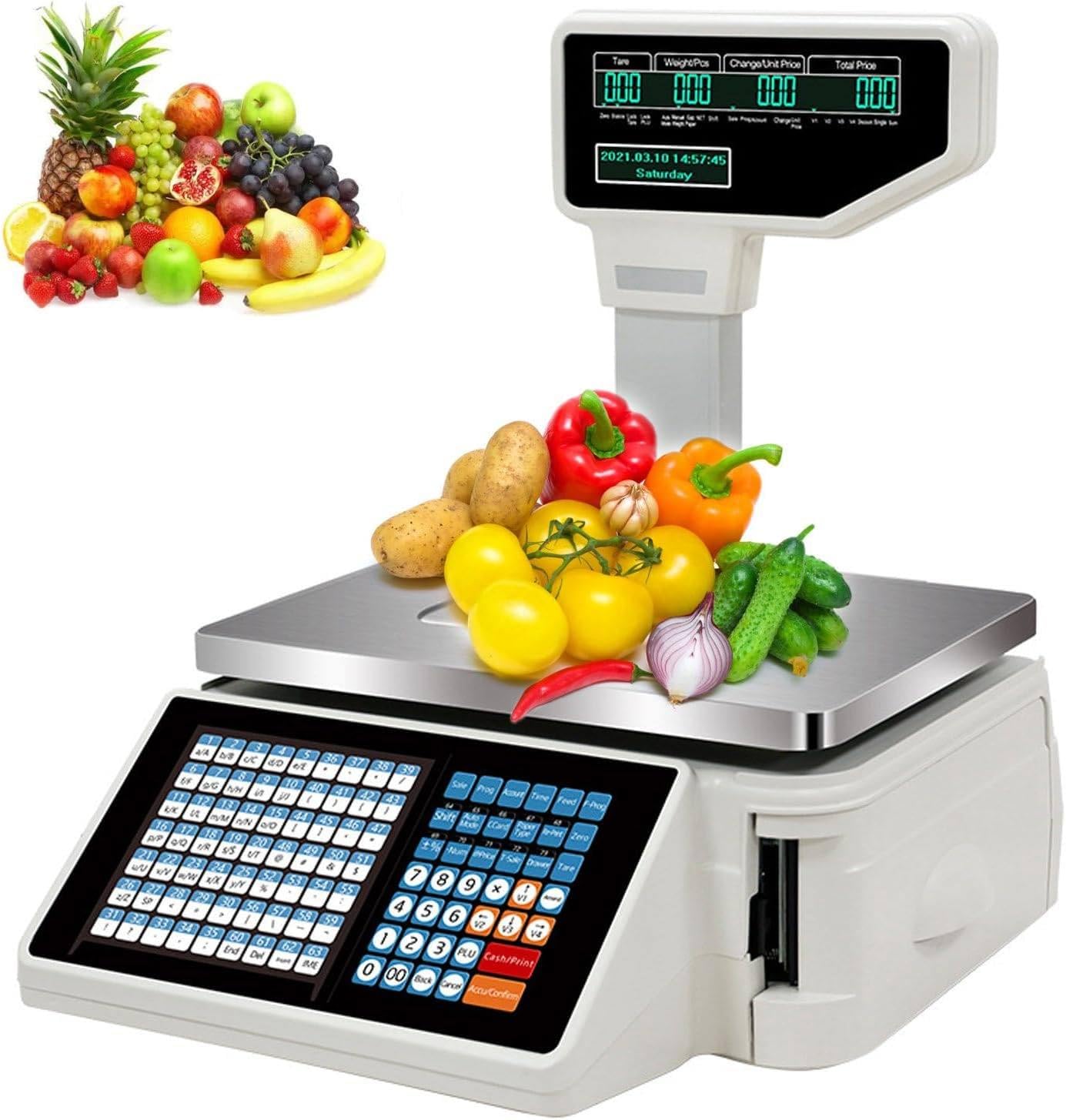 Digitale Barcode-Waage mit Etikettendruck, Vorder- und Rückseite, Dual-Display, 63 Kurzbefehlstasten für Supermärkte, Einzelhandelsgeschäfte und Lager. Machine+cashbox