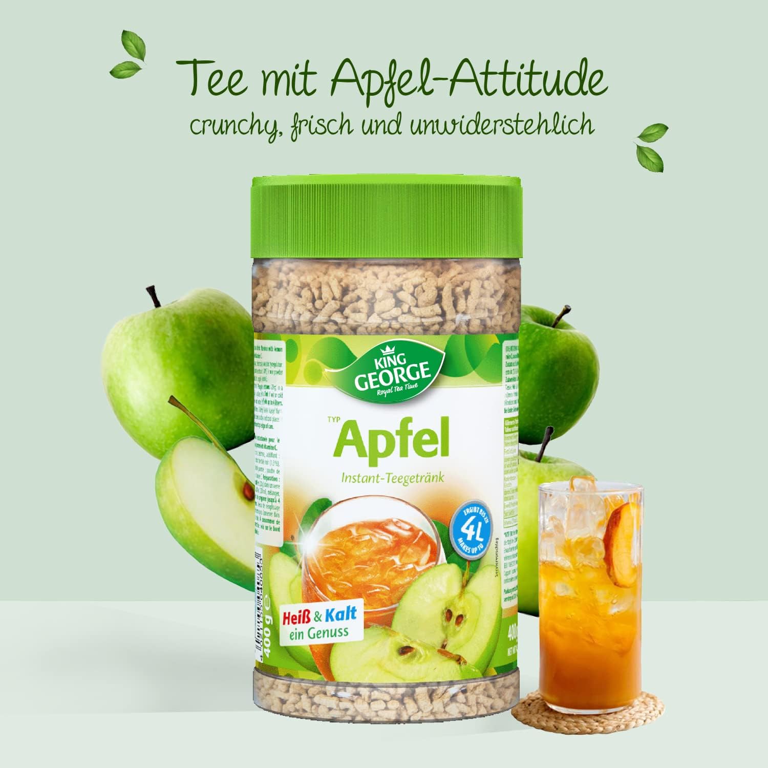 KING GEORGE - Jabłkowy napój herbaciany Instant 12 x 400 g napój herbaciany instant o smaku jabłkowym, gorąca i zimna herbata, opakowanie na okruchy – napój na lato, urodziny, imprezę