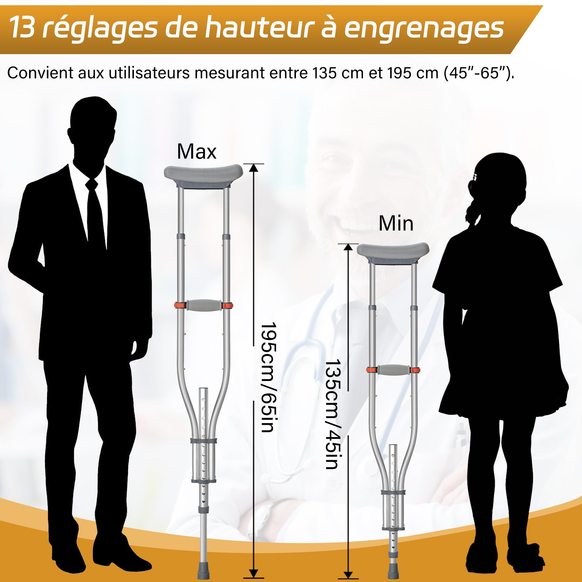 OUUTMEE Béquilles sous Aisselle Pliables en Aluminium, Paire, Jusqu'à 150KG | Réglable en Hauteur: 98~158CM, Appui Axillaire Léger, Pour Marche, Blessures et Rééducation