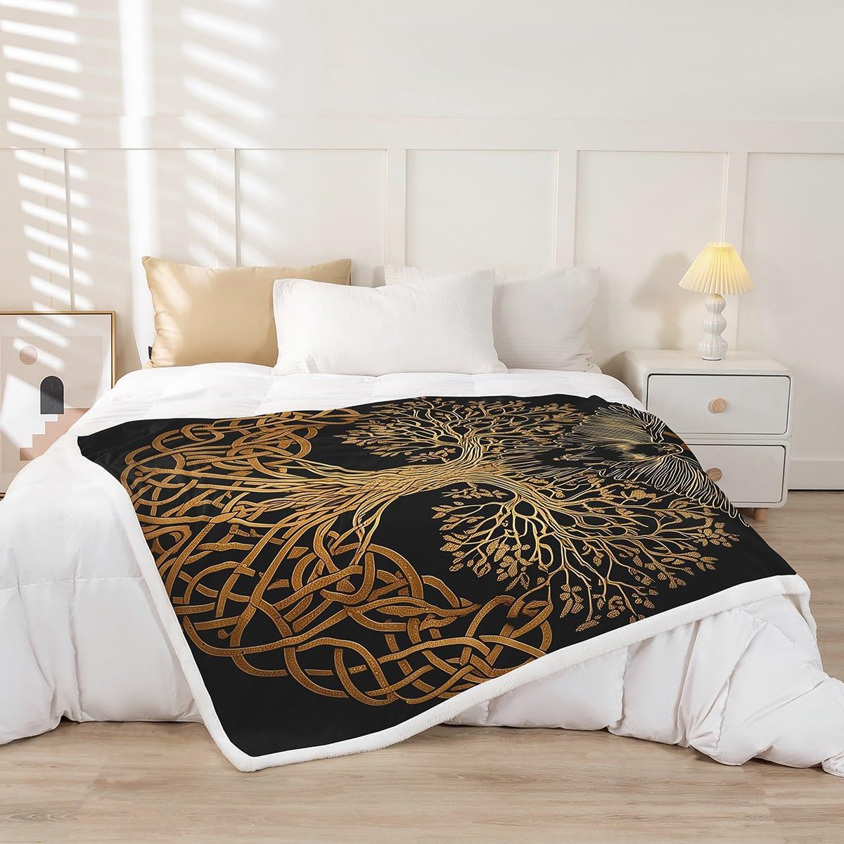 Erosebridal Viking Fleece Blanket Twin 60"X80" Viking Raven Sherpa Blankets Golden Tree of Life Throw Bed Blankets for Kids Boys Teen,Vintage Exotic Tribe Fuzzy Blanket
