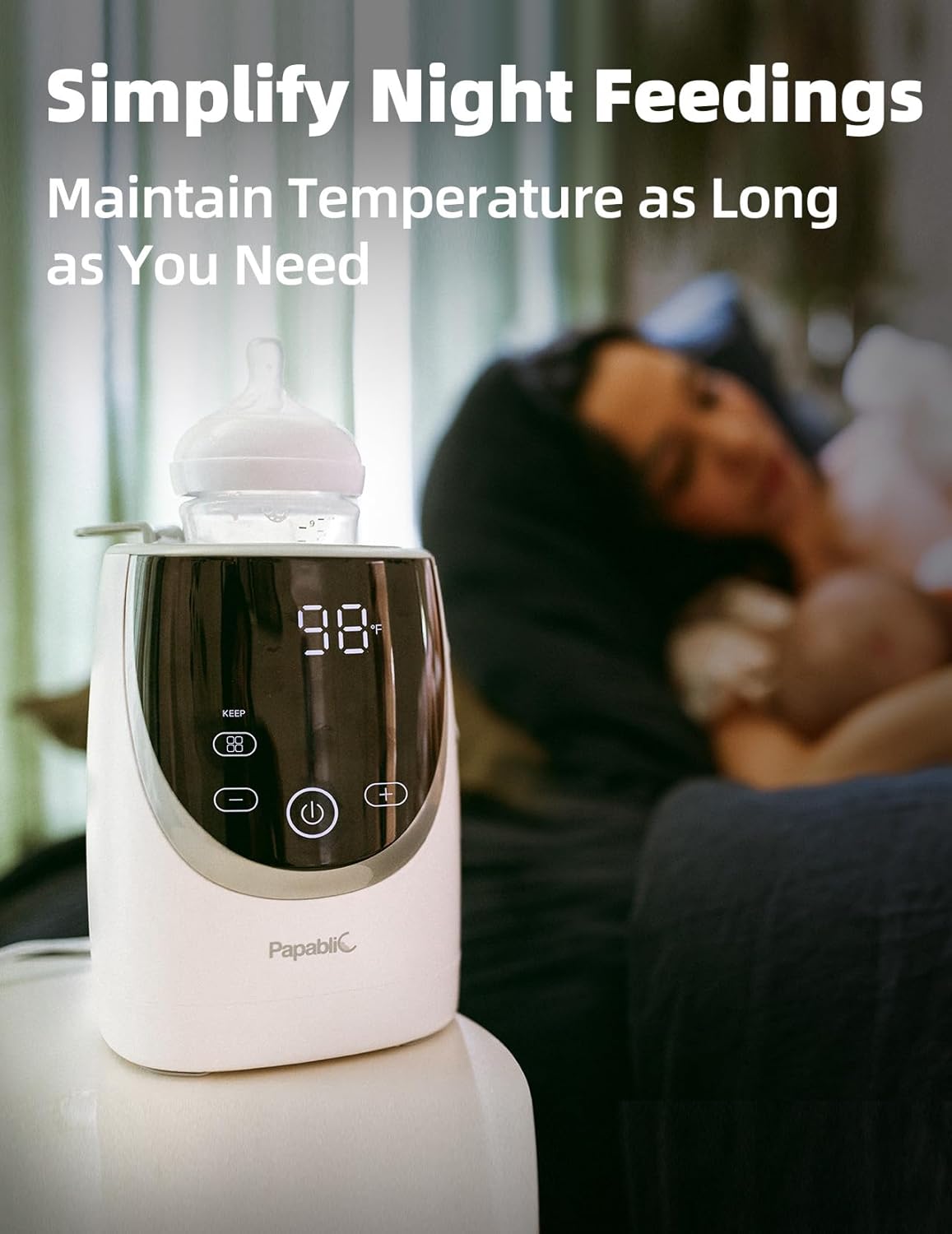 Papablic Swirlable Bottle Warmer displaying 98 degrees Fahrenheit for Keep Warm mode