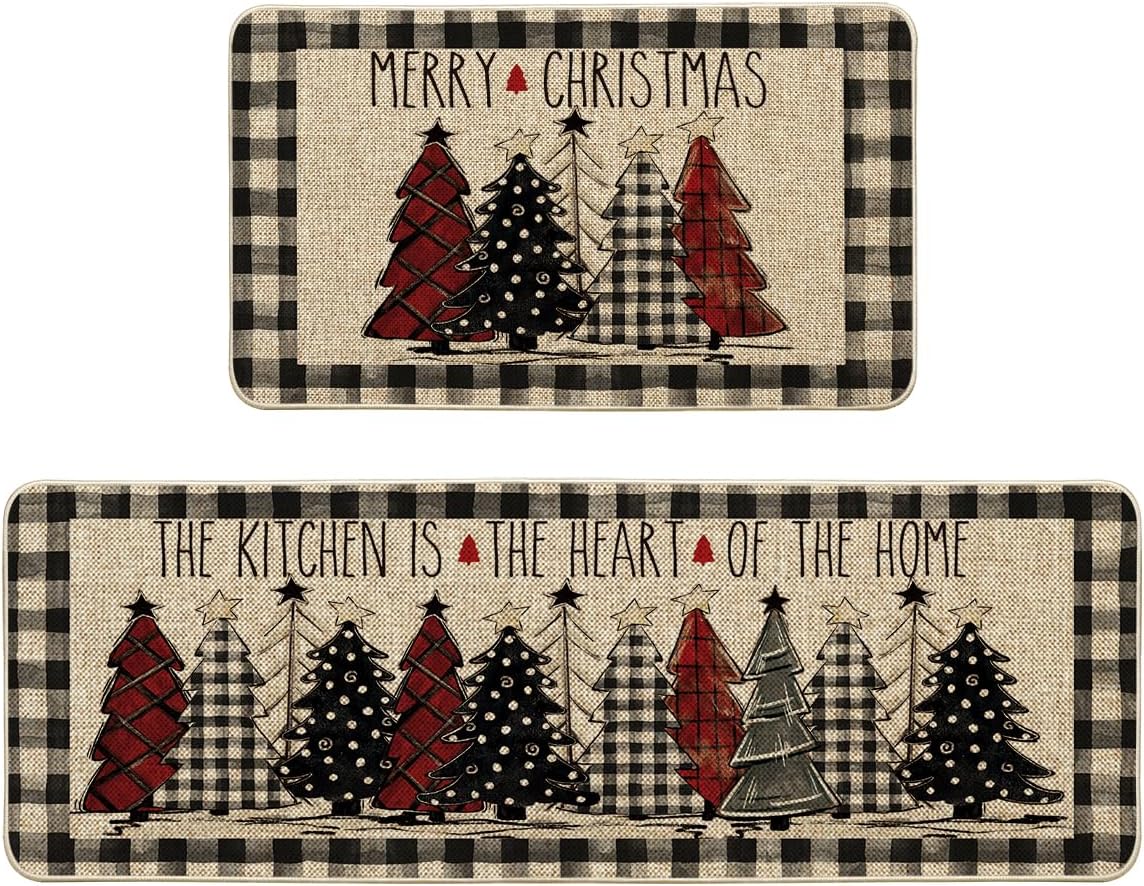 Artoid Mode Buffalo Plaid Santa Claus Christmas Tree Decorative Kitchen Mats Set of 2, Home Party Low-Profile Kitchen Rugs - 17x29 and 17x47 Inch