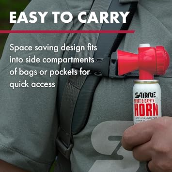 SABRE Sport and Safety Horn, 130 dB Air Horn, 60 14 Second or 25 12 Second Bursts, Audible Up to 1/2-Miles (804-Meters), Perfect for Use at Sporting Events, Boating, Camping, Hiking
