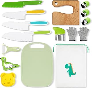 HAIMST Kids Knife Set for Real Cooking, 15 PCS Montessori Kitchen Tools Kids Kitchen Knife Set with Wooden Safe Knife Serrated Edges Plastic Toddler Knife Cutting Board Crinkle Cutters