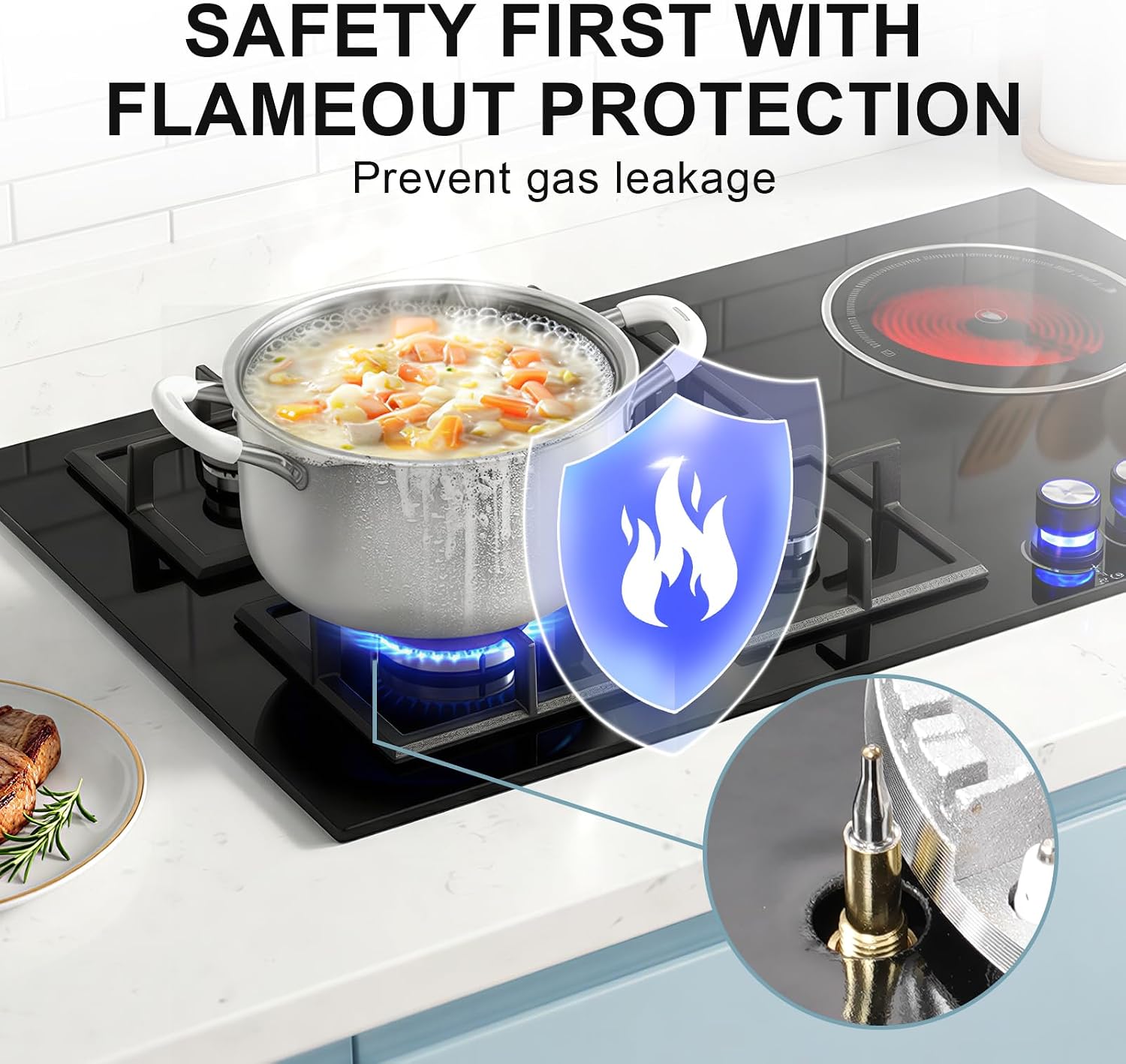 Gas Cooktop 34Inch, 5 Burners Kitchen Stove, Max 24739 BTU Built-in Gas Stove Top with 1800W electric ceramic hob, NG/LPG Convertible, Plug-in, Cast Iron Grates, Black Tempered Glass