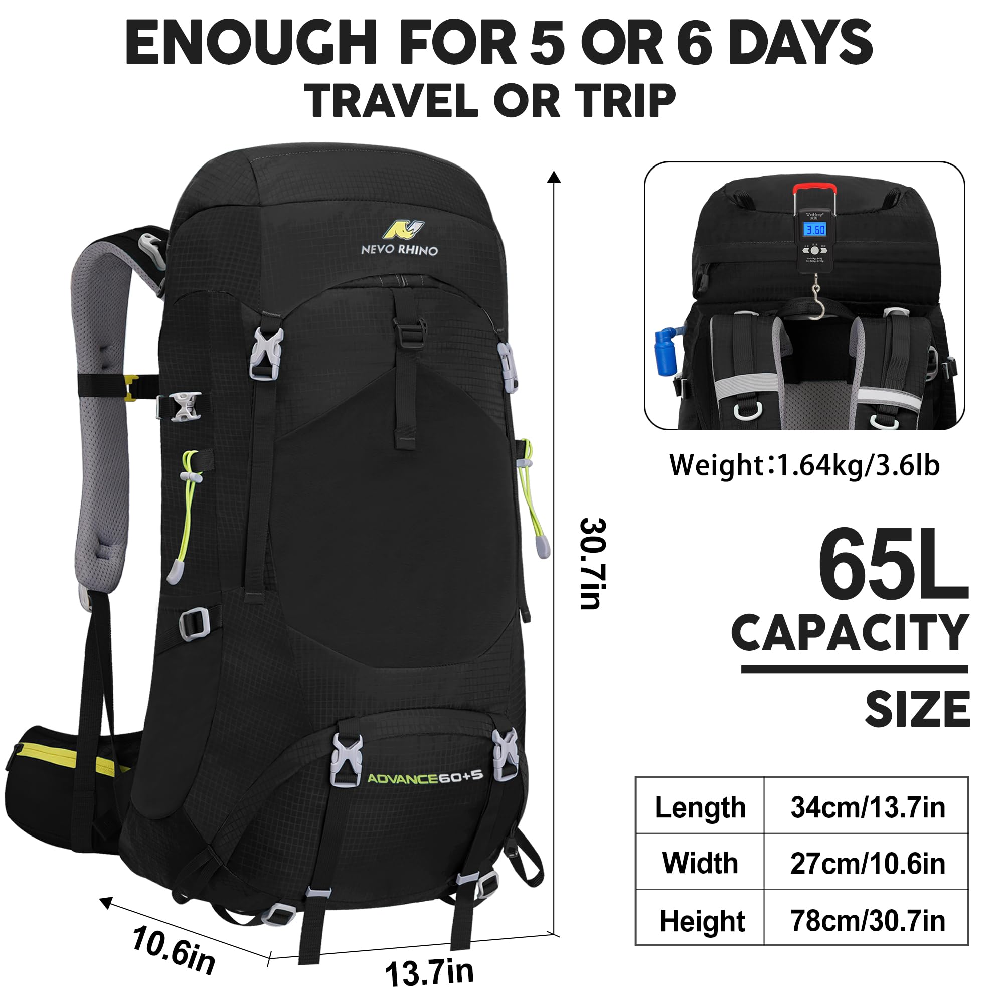 N NEVO RHINO Wanderrucksack mit internem Rahmen, 40/50/60/65/80 l, Moutain Klettern Camping Rucksack Daypack für Damen und Herren