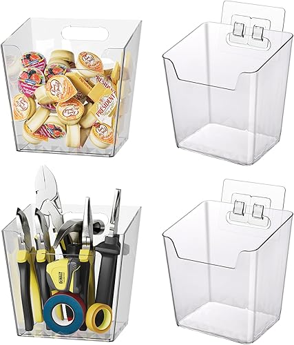 Miniatura 9 de Contenedores de almacenamiento de pared adhesivos transparentes, paquete de 4 organizadores de puertas de gabinete, bolsillos colgantes de pared