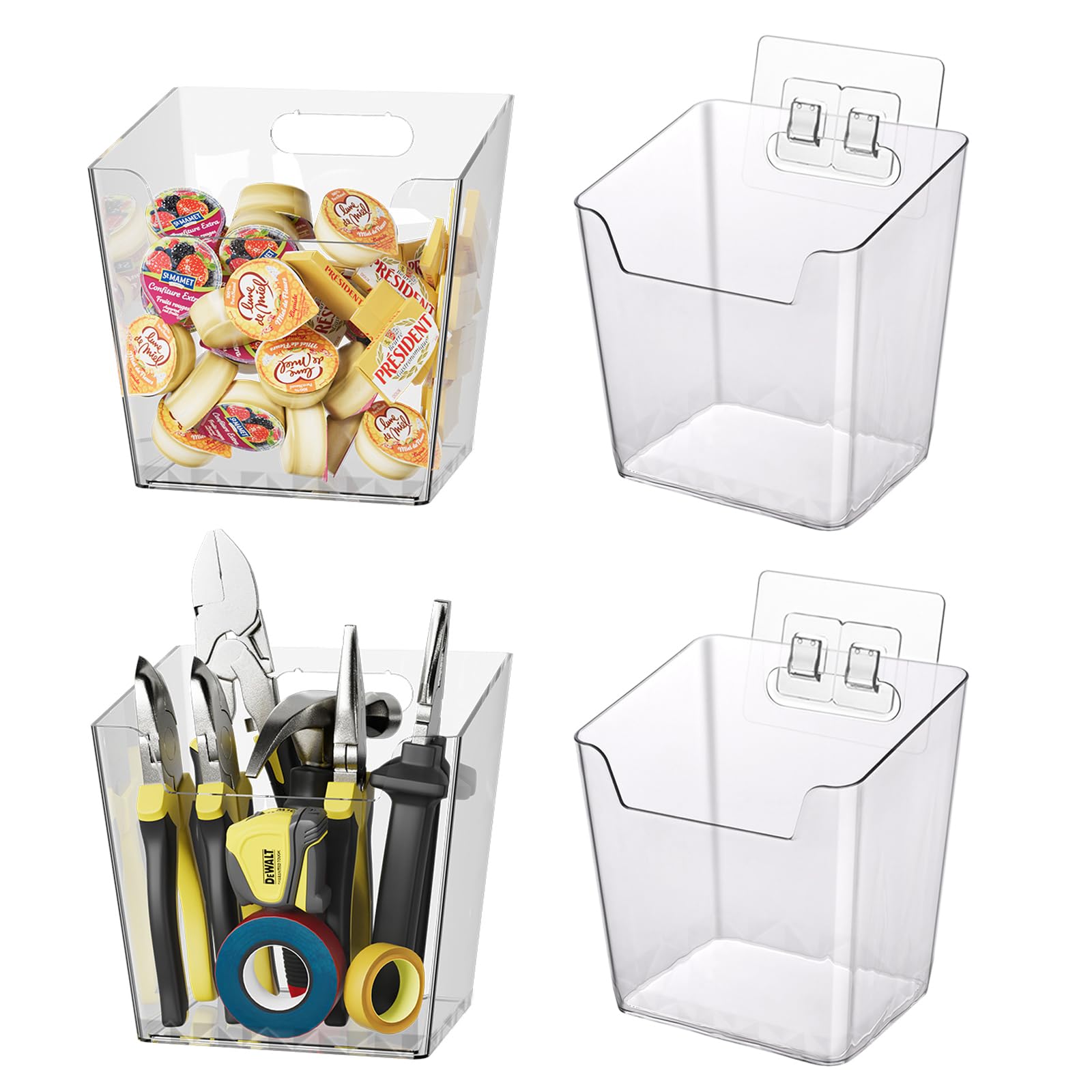 Clear Adhesive Wall Storage Bins, 4 Pack Cabinet Door Organizer Holders, Hanging Wall Mount Pockets, Plastic Cups for Shower Bathroom Makeup Office