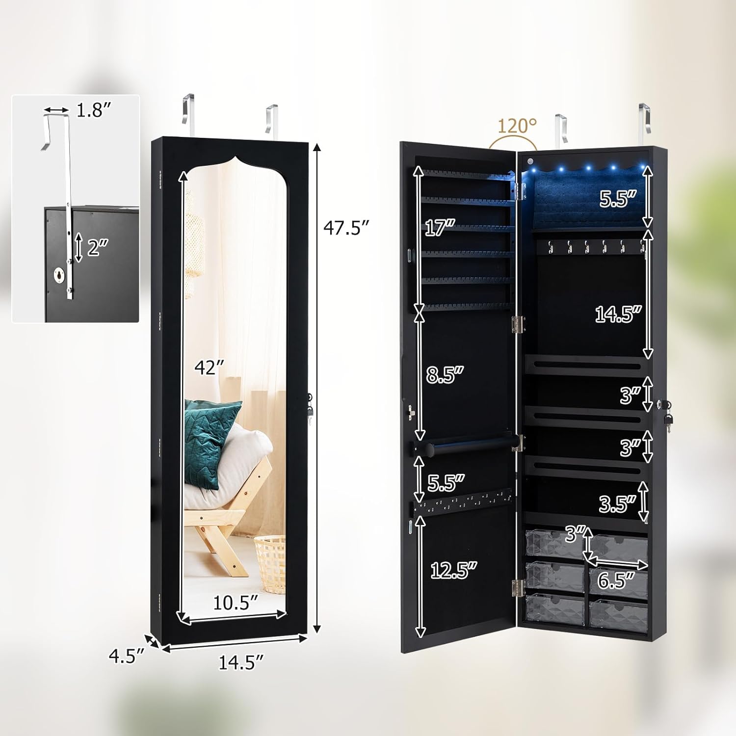 GOFLAME Mirror Jewelry Cabinet, Wall Mounted Door Hanging Jewelry Armoire with 47.5” Full Length Mirror, 5 LED Lights, 6 Acrylic Drawers, Lockable, Over the Door Mirror with Storage, Black