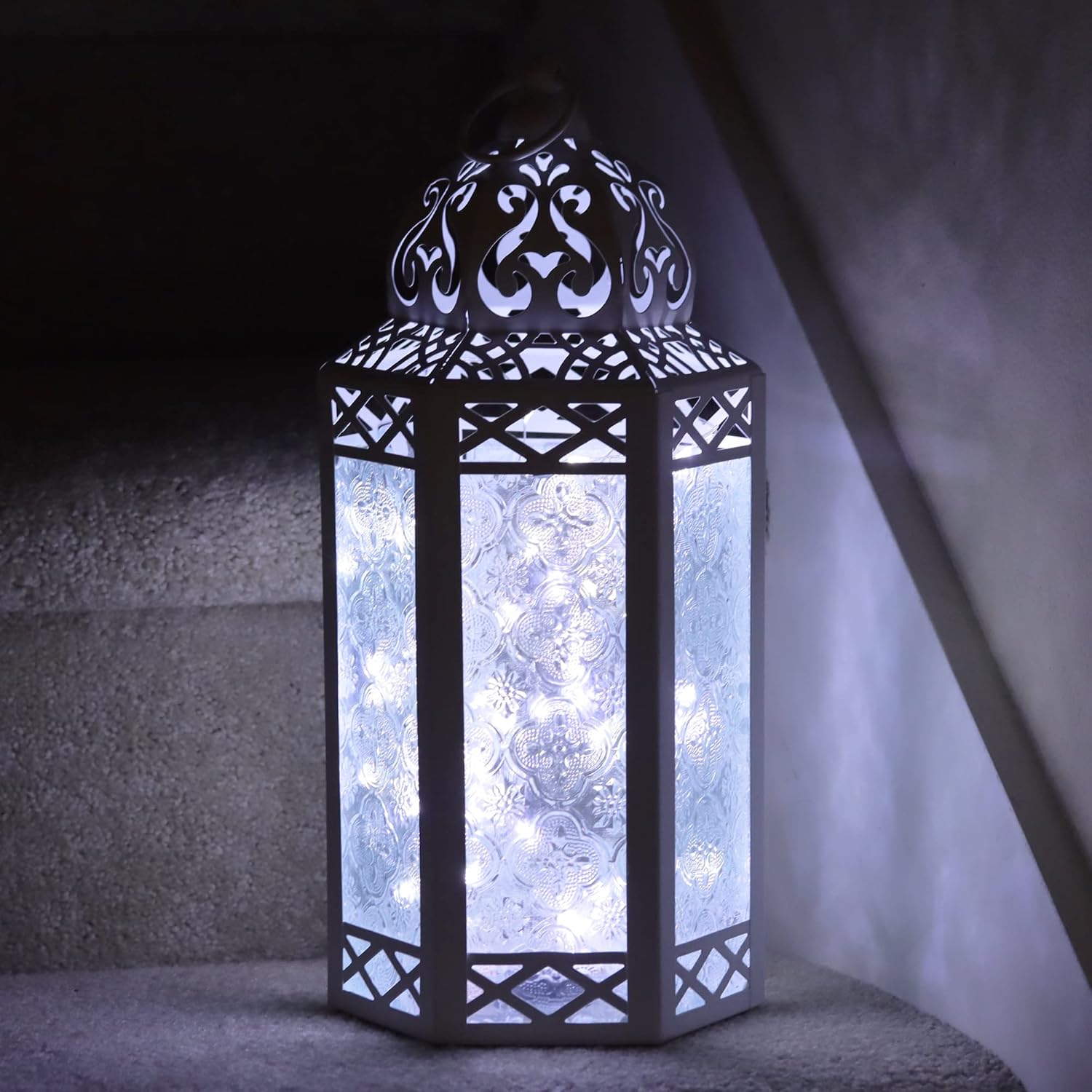 Vela Lanterns Metal Moroccan Decorative LED Fairy Lights Candle Lantern Holders for Home Decor, White, Clear Glass, Large : Home & Kitchen