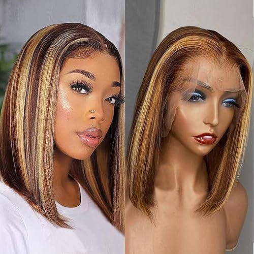 Ombre Honey Blonde Bob Wig Human Hair Highlight 13x4 Hd Lace Front Wigs Human Hair Pre Plucked 14 Inch Middle Part 4/27 Colored Glueless Lace Frontal Wigs(14 Inch, 4/27 Highlight)