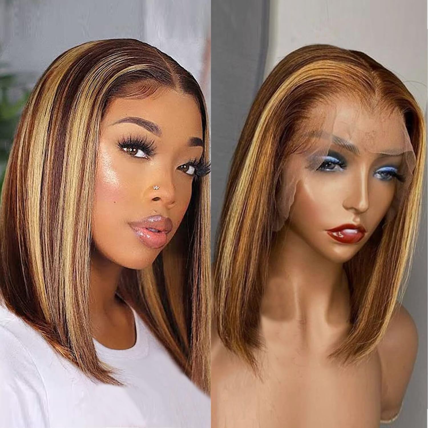 Ombre Honey Blonde Bob Wig Human Hair Highlight 13x4 Hd Lace Front Wigs Human Hair Pre Plucked 14 Inch Middle Part 4/27 Colored Glueless Lace Frontal Wigs(14 Inch, 4/27 Highlight)