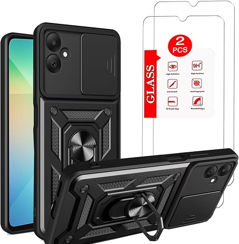 for Samsung Galaxy A06 Case with [2 Pack] Tempered Glass Screen Protector, for Galaxy A06 Heavy Duty [Military-Grade] Protective，with Kickstand Ring Holder Holder Phone Case (SJ-Black)