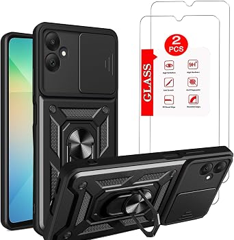 for Samsung Galaxy A06-4G Case with [2 Pack] Tempered Glass Screen Protector, for Galaxy A06 Heavy Duty [Military-Grade] Protective,with Kickstand Ring Holder Holder Phone Case