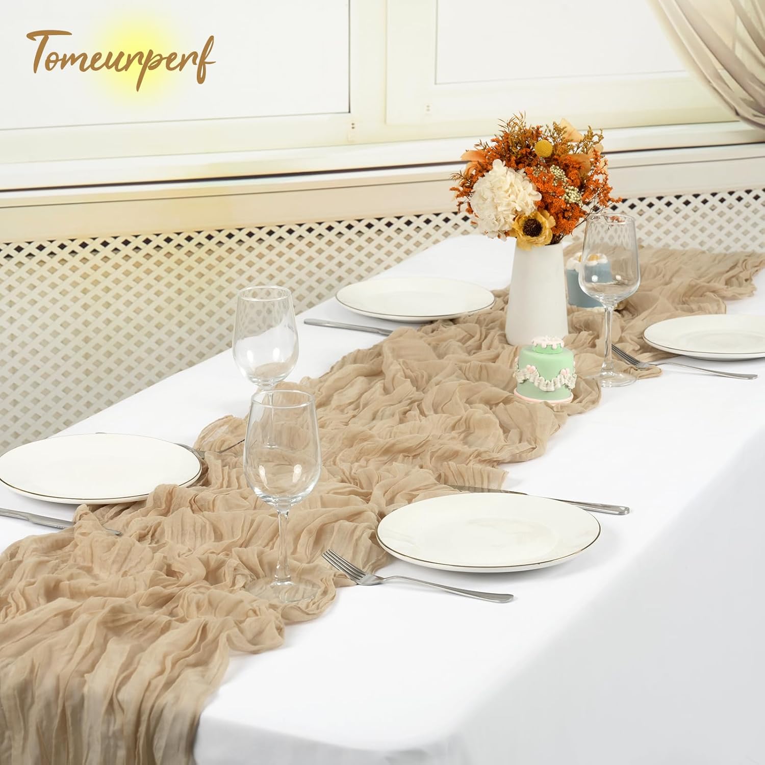 16 Pack Cheesecloth Table Runner Beige, 35 x 70 Inch Gauze Cheese Cloth Table Runner Rustic Boho Wedding Table Runner for Wedding Birthday Party Bridal Shower Cake Table Decoration