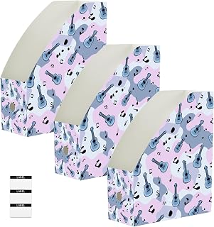 Guitars Music Notes Abstract 3-Pack Decorative Magazine File Holder Foldable Desk Book Bins Binder Organizer with Blank Labels for Office Classroom Bookshelf Document Paper Storage