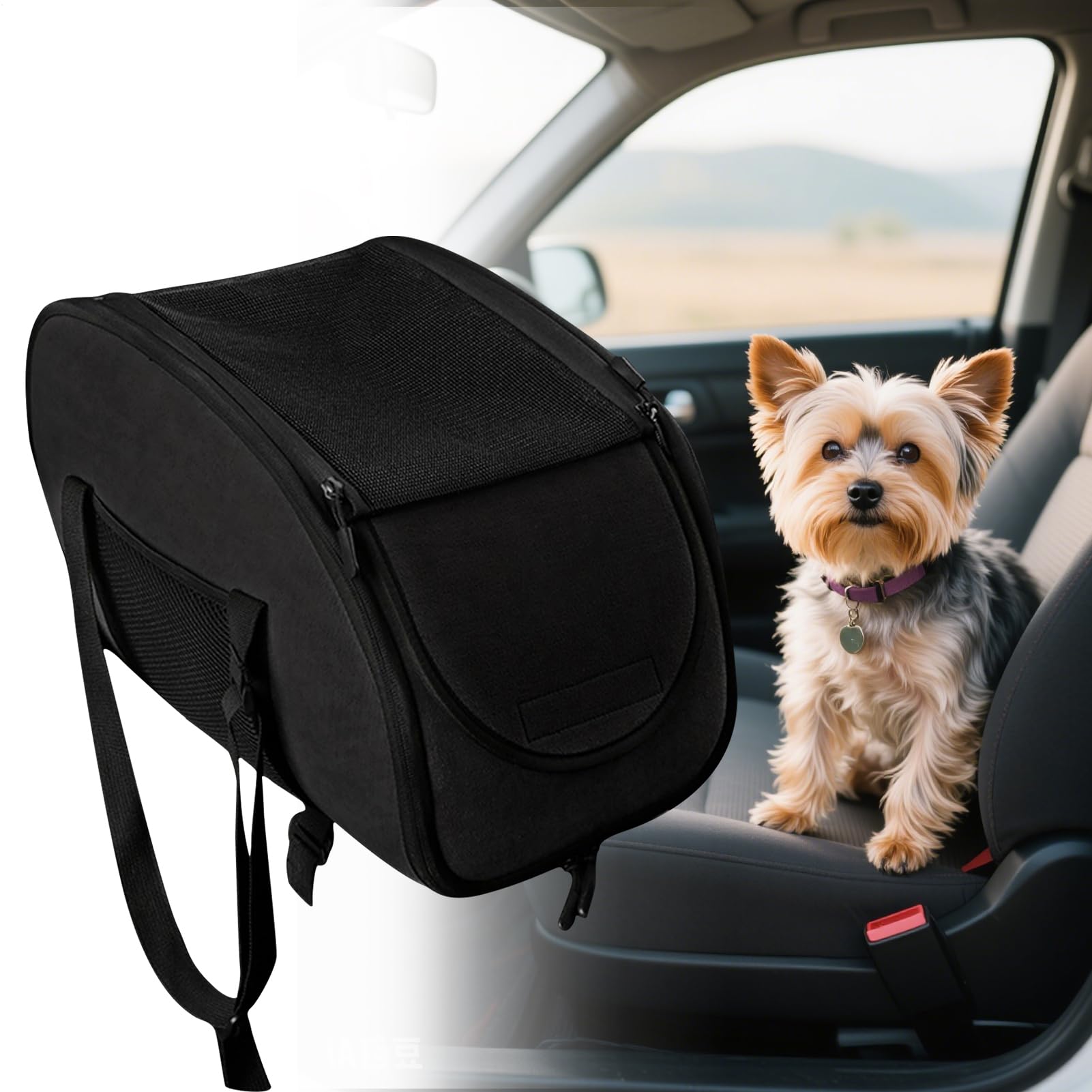 Hunde-Autositz Belüftete Transporttasche für Welpen und Katzen | Mittelkonsolen-Hundeautositz Für Fahrten im Auto, Taxi, Mitfahrgelegenheiten, Roadtrips und