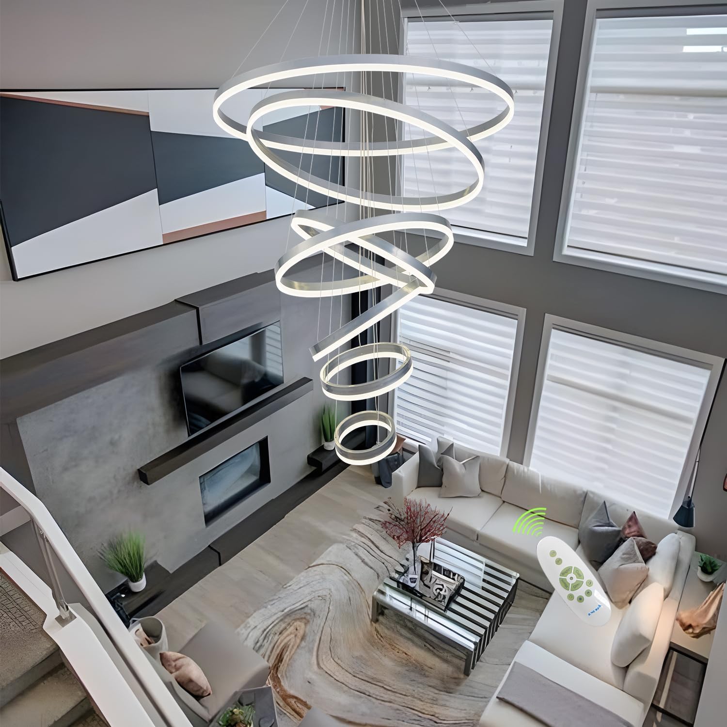 Modern Chandelier 7 Ring Led Chandelier Silver 39.37" Large Modern Light Fixture Chandelier Height Adjustable for High Ceiling, Modern Led Chandelier for Entryway, Dimmable with Remote
