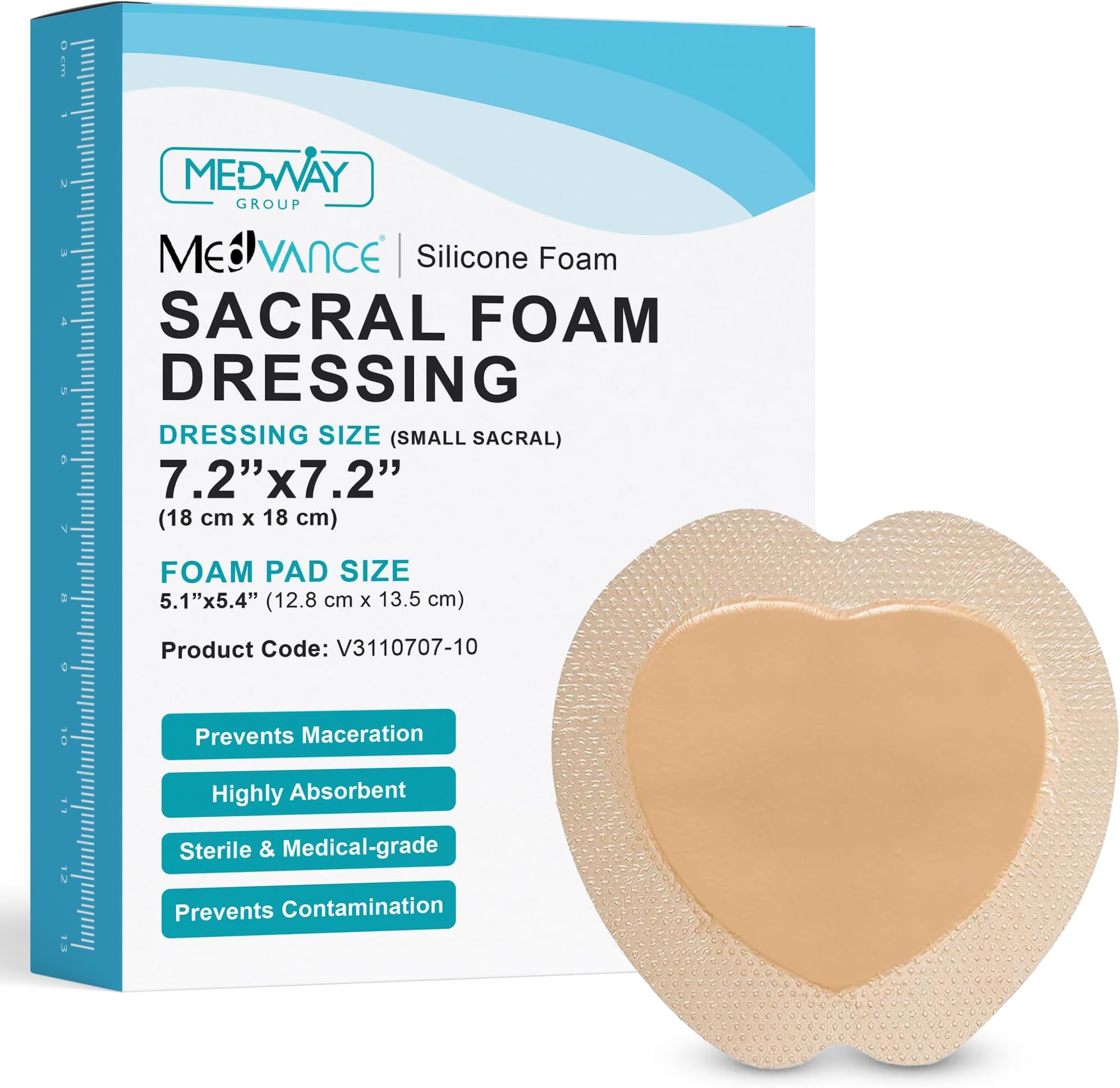 TM Silicone - Sacral Bordered Silicone Adhesive Foam Wound Dressing, Bed Sore Treatment Bandage for Sacrum, Size 7"x 7", Box of 10 dressings