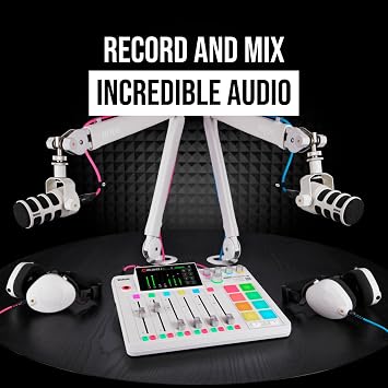 Rode RODECaster Pro II Podcast Console (White) with 4x White Rode Podmic Dynamic Podcast Microphones, PSA1+ Microphone Boom Arms, Rodecaster Pro II Cover, XLR Cable and 32GB microSD Card