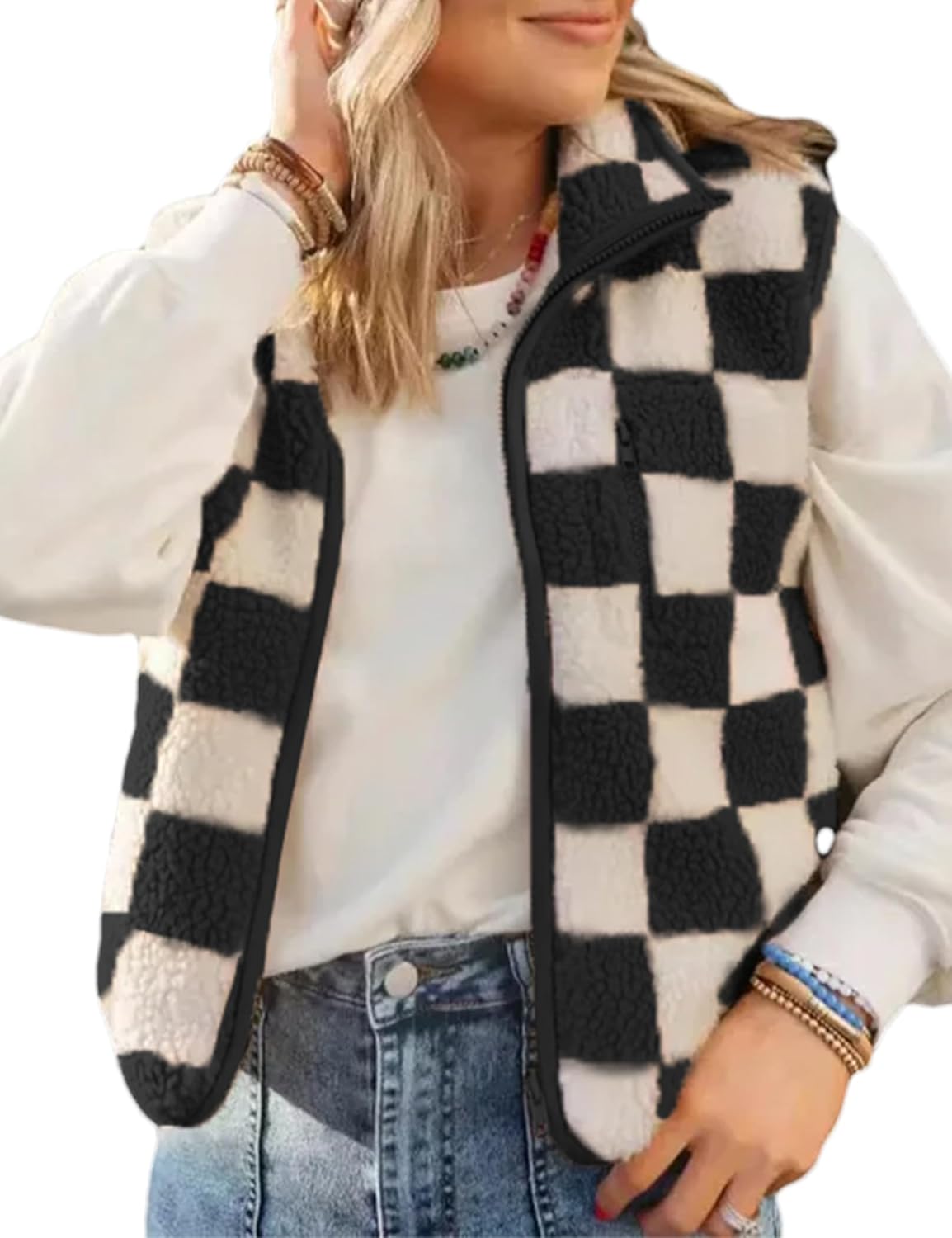 Sherpa Vest for Women Sleeveless Fuzzy Fleece Checkered Jacket Warm Casual Gilet Outerwear with Zipper