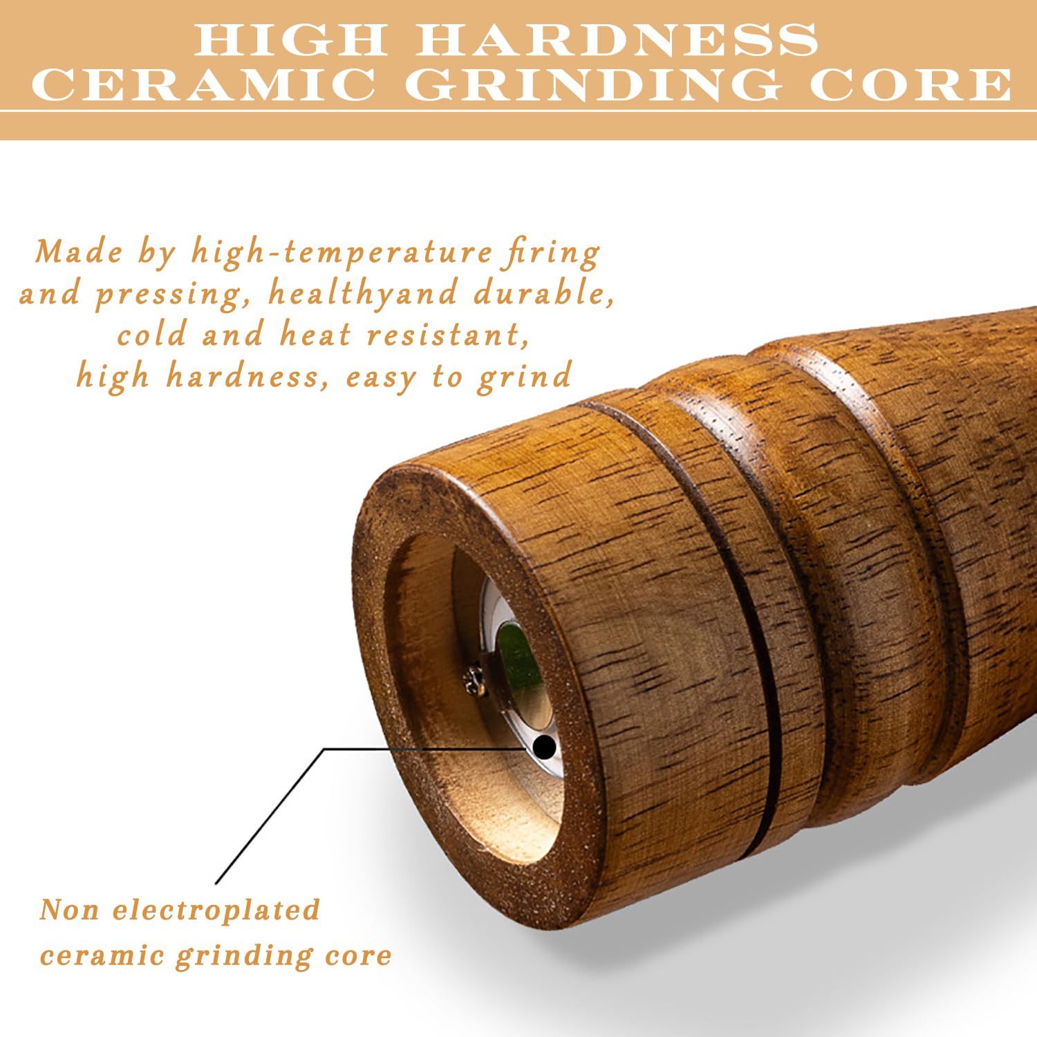 Molinillo de pimienta de madera de 10 pulgadas de grosor ajustable, molino de pimienta de madera o molino de sal con rotor de cerámica ajustable y fácil 6