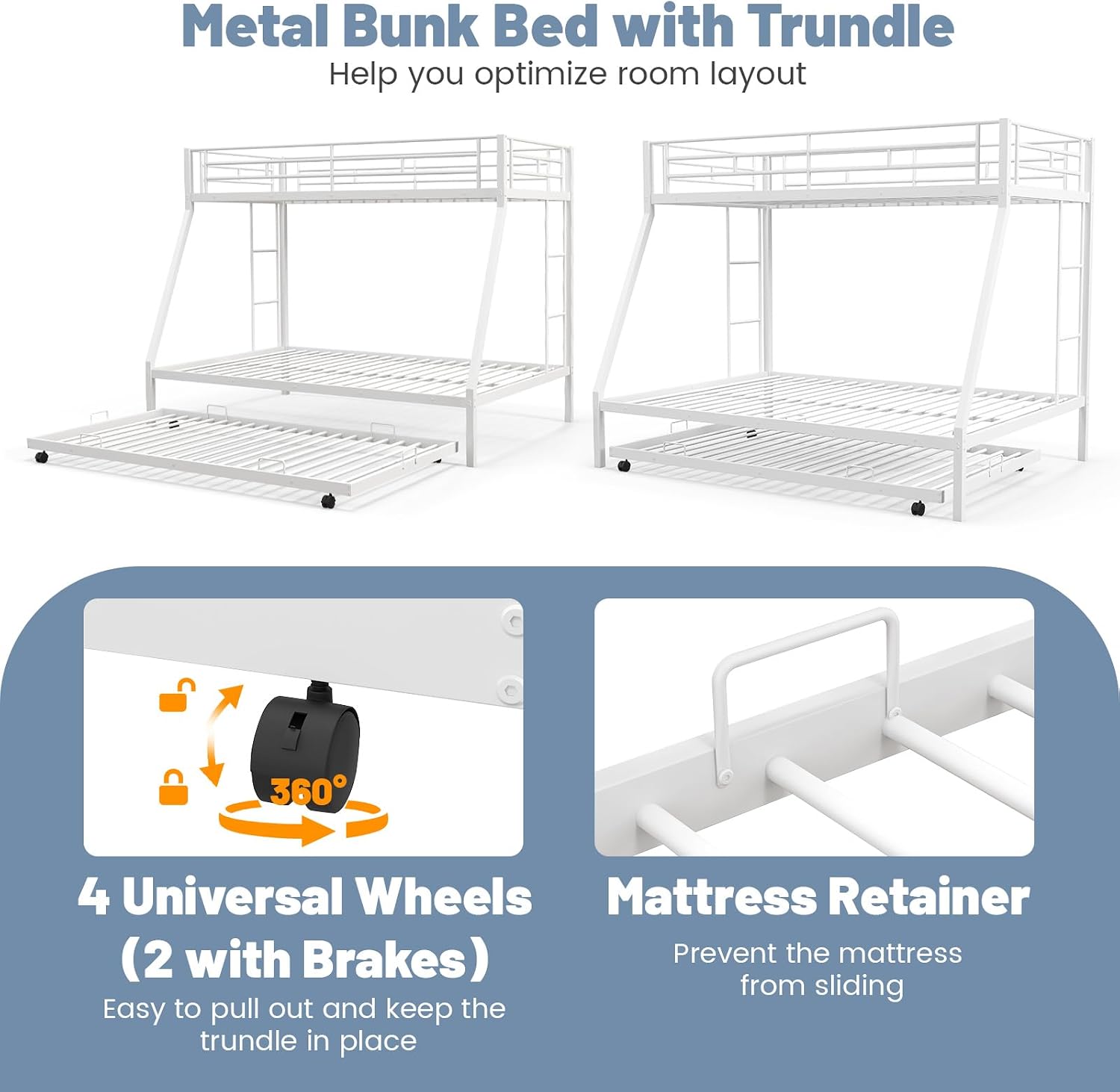 KOMFOTT Twin Over Full Bunk Bed with Trundle, Heavy-Duty Metal Bunk Bed Frame with Guardrail & 2 Ladders, Space-Saving Bunk Bed for Kids/Teens/Adults, No Box Spring Needed