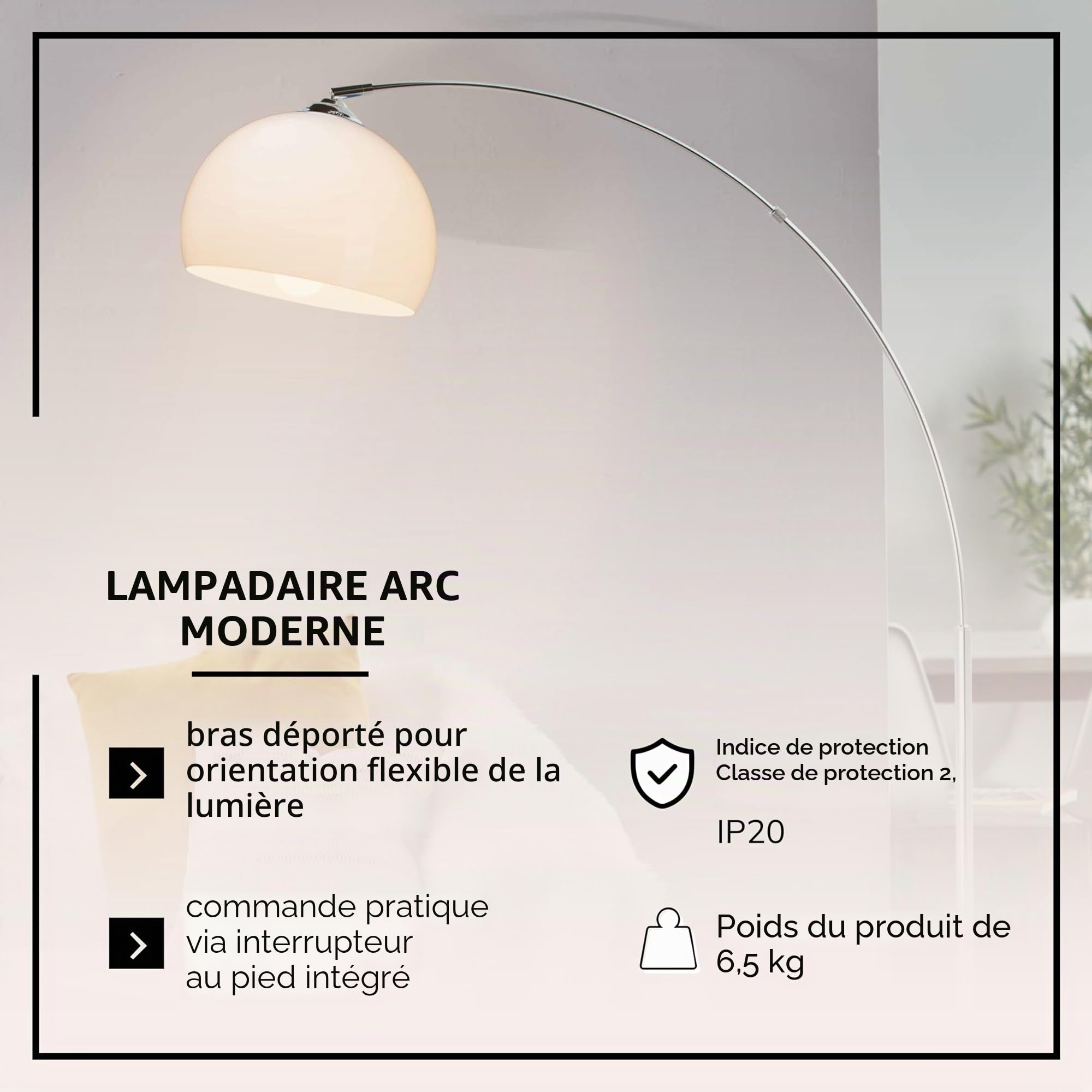 Lightbox Bogenlampe 166 cm, Chrom & Weiß, schwenkbare Lampe