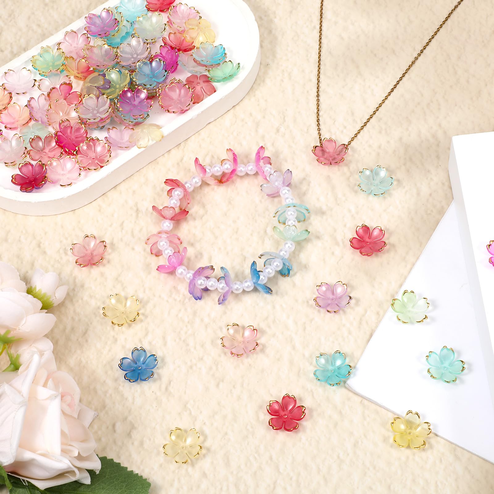 100 Perline Floreali Acriliche A Forma Di Fiore Di Ciliegio, Colori Gradient, 1.8 Cm, Per Gioielli Fai Da Te, Bracciali