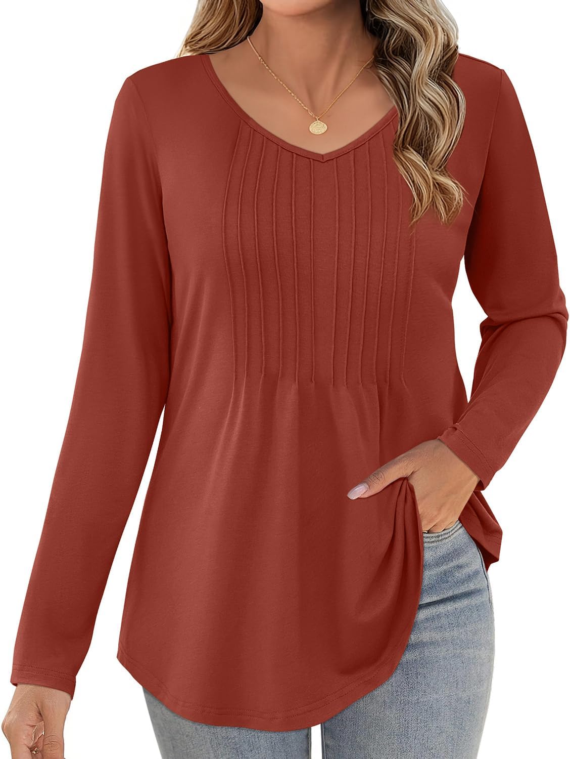 JUSTFASHIONNOW Long Sleeve Shirts for Women Dressy Casual Blouses Fall Tops Pleated V Neck Tunic Tops to Wear with Leggings - Image 3