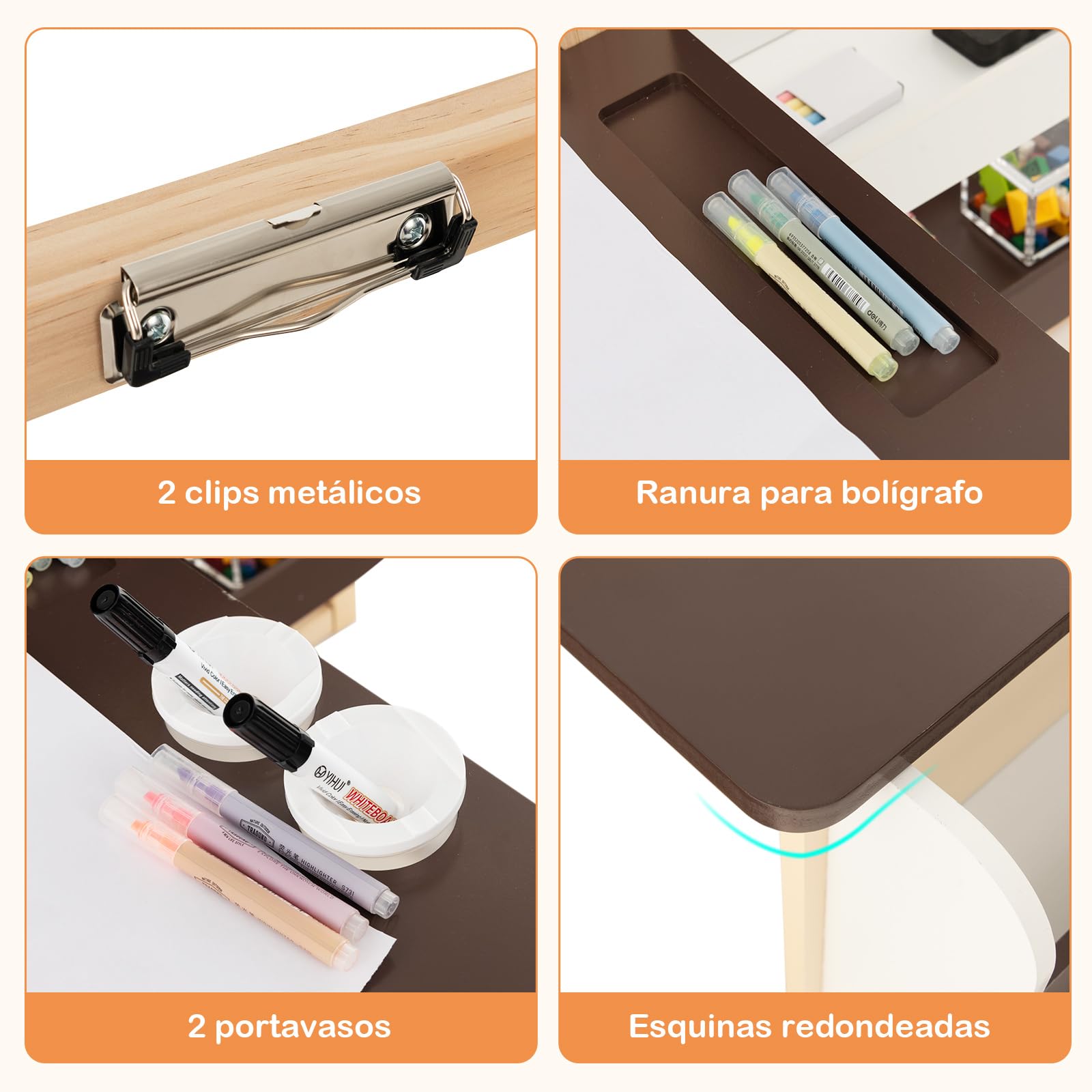 COSTWAY Caballete Infantil, Juego de Mesa y Banco de Arte, Centro de Arte de Madera Multifuncional Con Caballete Ajustable de Doble Cara, Pizarrón Magnética, Rollo de Papel Reemplazable (Café)