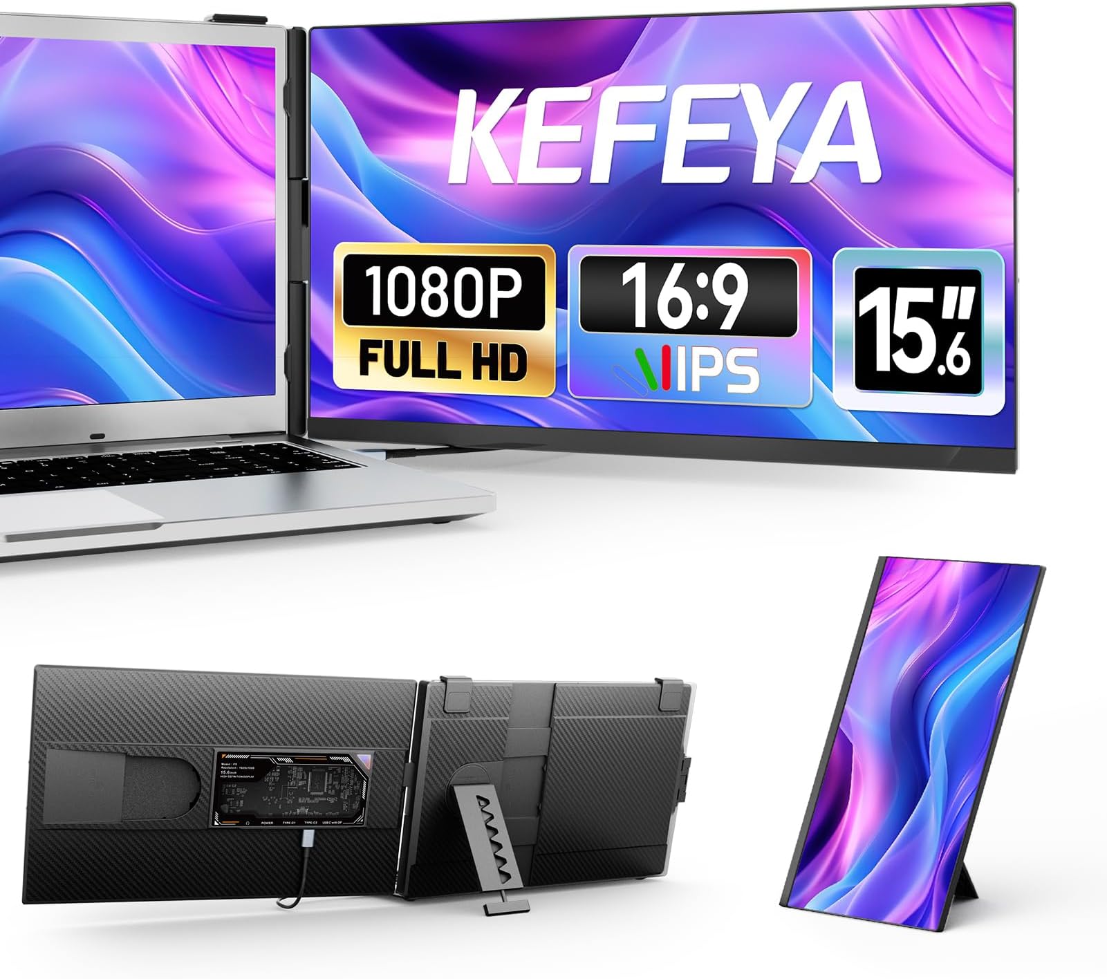 KEFEYA Portable Monitor for Laptop, 14” Full HD IPS Display Screen, Triple Laptop Screen Extender, Work with 13”-17” Mac Windows Chrome