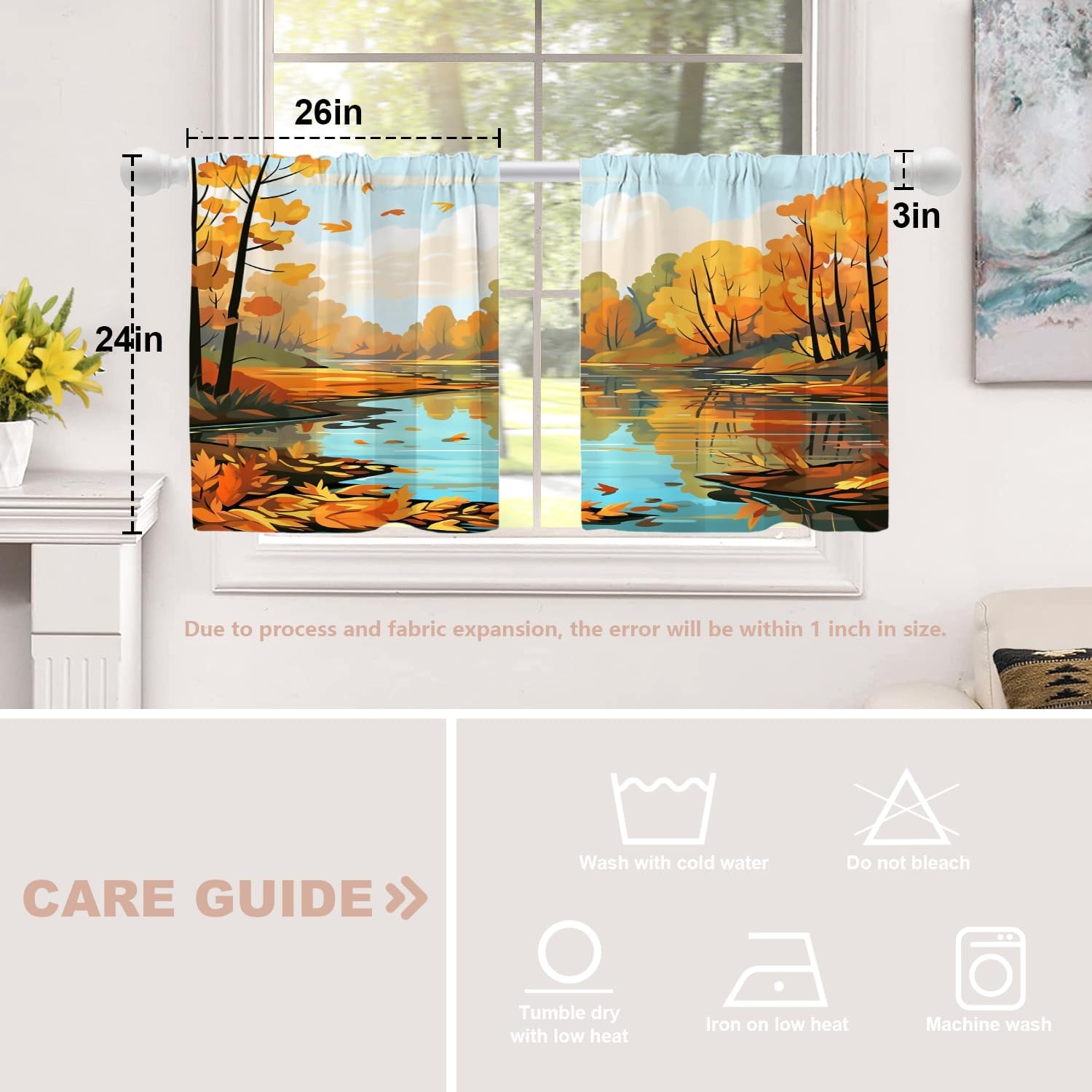 Shrahala Autumn Lake Landscape Tier Curtains for Kitchen Windows, Yellow Forest Falling Leaves Window Curtain Panels Multilayer Polyester Blackout for Living Room Bathroom 2 Pack 26 x 24 in