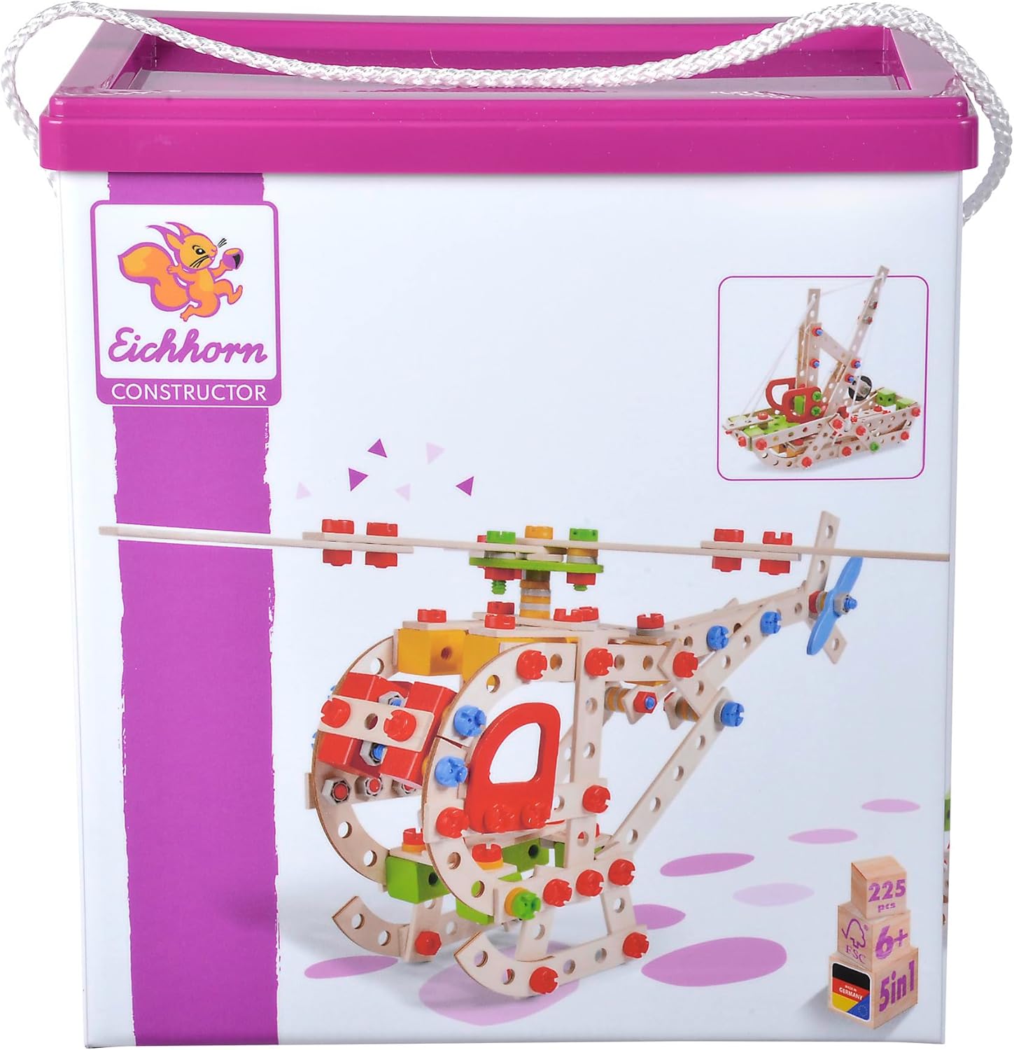 Eichhorn 100039098 5 Model Variants: Helicopter, Fighter Jet, Trawler, Water Plane, 225 Pieces, FSC 100%, Beech Wood, Plastic, BSK with Cord, 6J+ Made in Germany, Colourful