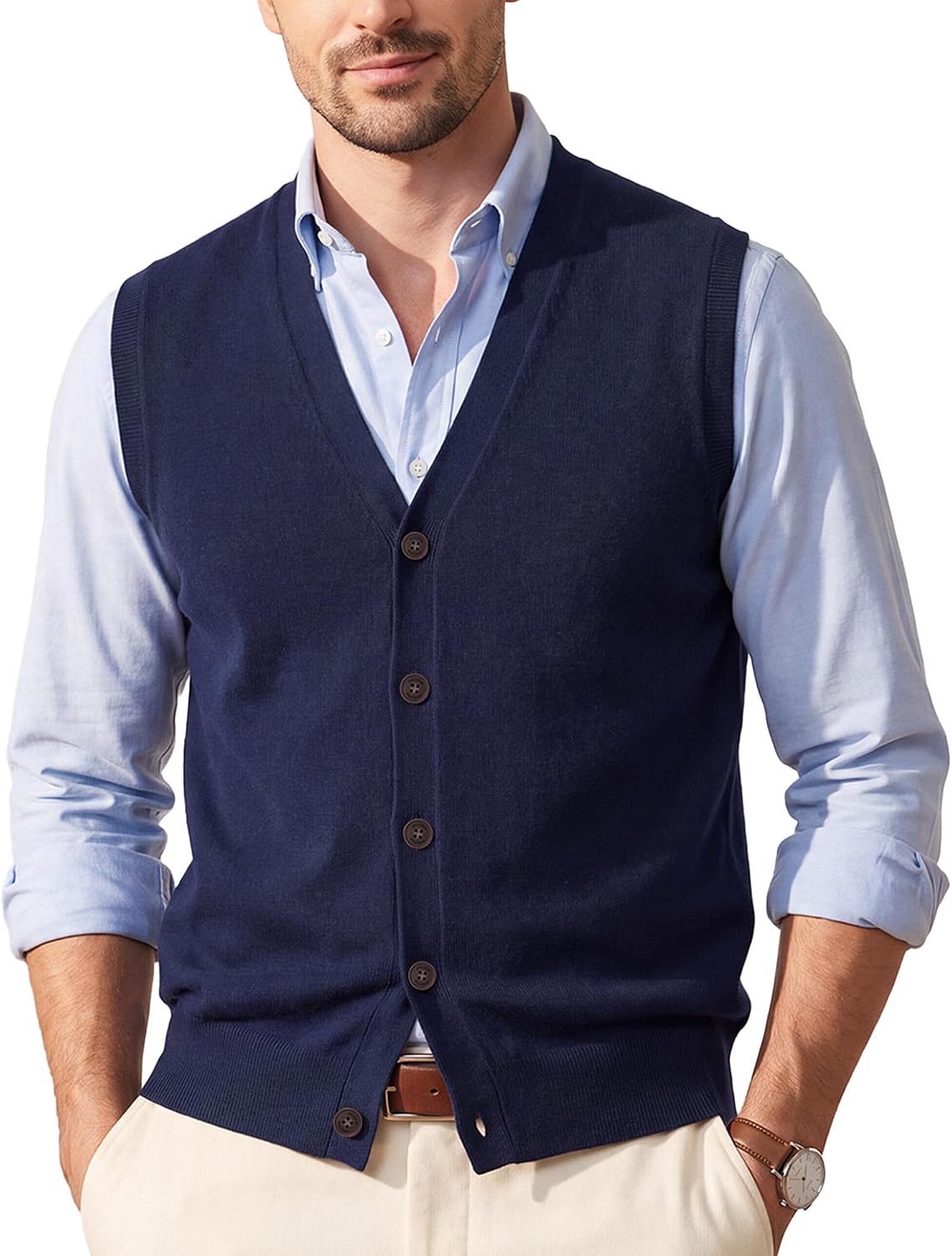 Kallspin Mens 100% Merino Wool Button Up Sweater Vests V Neck Cardigan