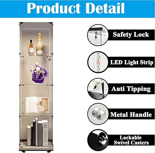 Miniatura 194 de Vitrina de cristal con 4 estantes con tira de luces LED y cerradura, vitrina de vitrina con ruedas y 1 puerta, vitrina de vidrio templado para sala