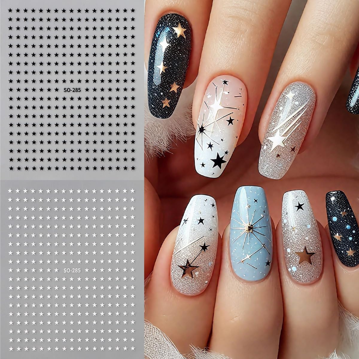 6 Sheets Star Nail Decals for Nail Art, Pentagram Nail Art Stickers with Mini Star Nail Design, 3D Self-Adhesive Celestial Nail Stickers for Women Girls DIY Manicure Decoration