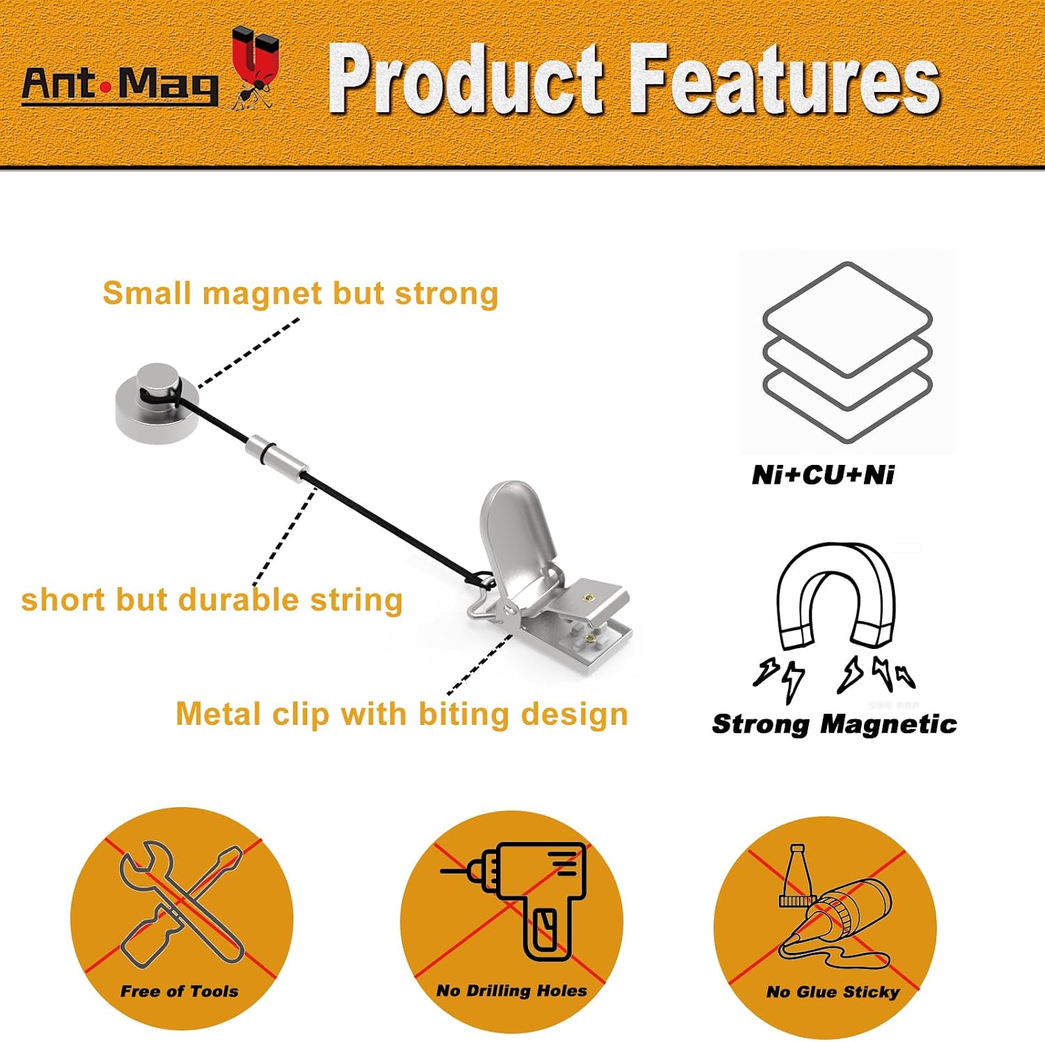 Ant Mag Magnets Clips for Hanging Metal Clips Biting Design with Strings Perfect for Gloves Towels Hats Organization，Magnetic Clip for Fridge Locker Grill Indoor Outdoor Use 6 Pack