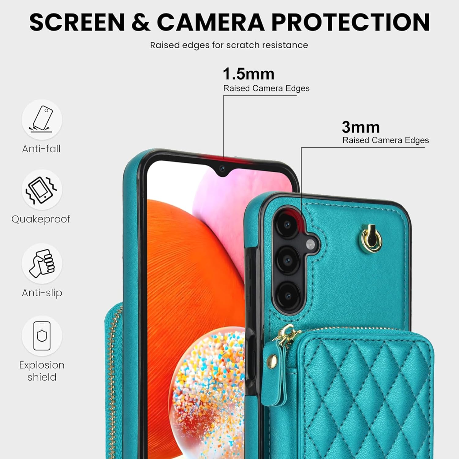 Phone Case for Samsung Galaxy A16 5G/4G Zipper Wallet Cell Cover with Tempered Glass Screen Protector Wrist Crossbody Strap Lanyard Stand RFID Blocking Credit Card Holder Slot A 16 Women Girls Green