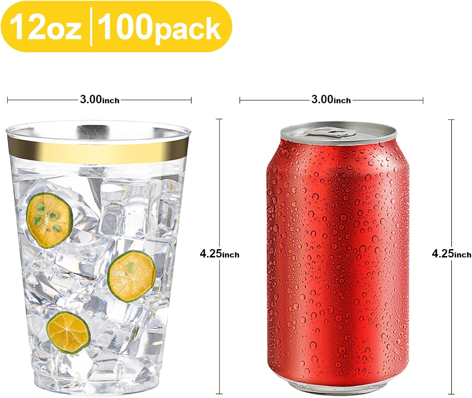 BESTVIP 12oz Gold Plastic Cups, 100 Pack Gold Rimmed Disposable Cups, Heavy-duty Party Cocktail Glasses, Plastic Cups for Party, Holiday, Christmas, Wedding and Birthday - Image 2
