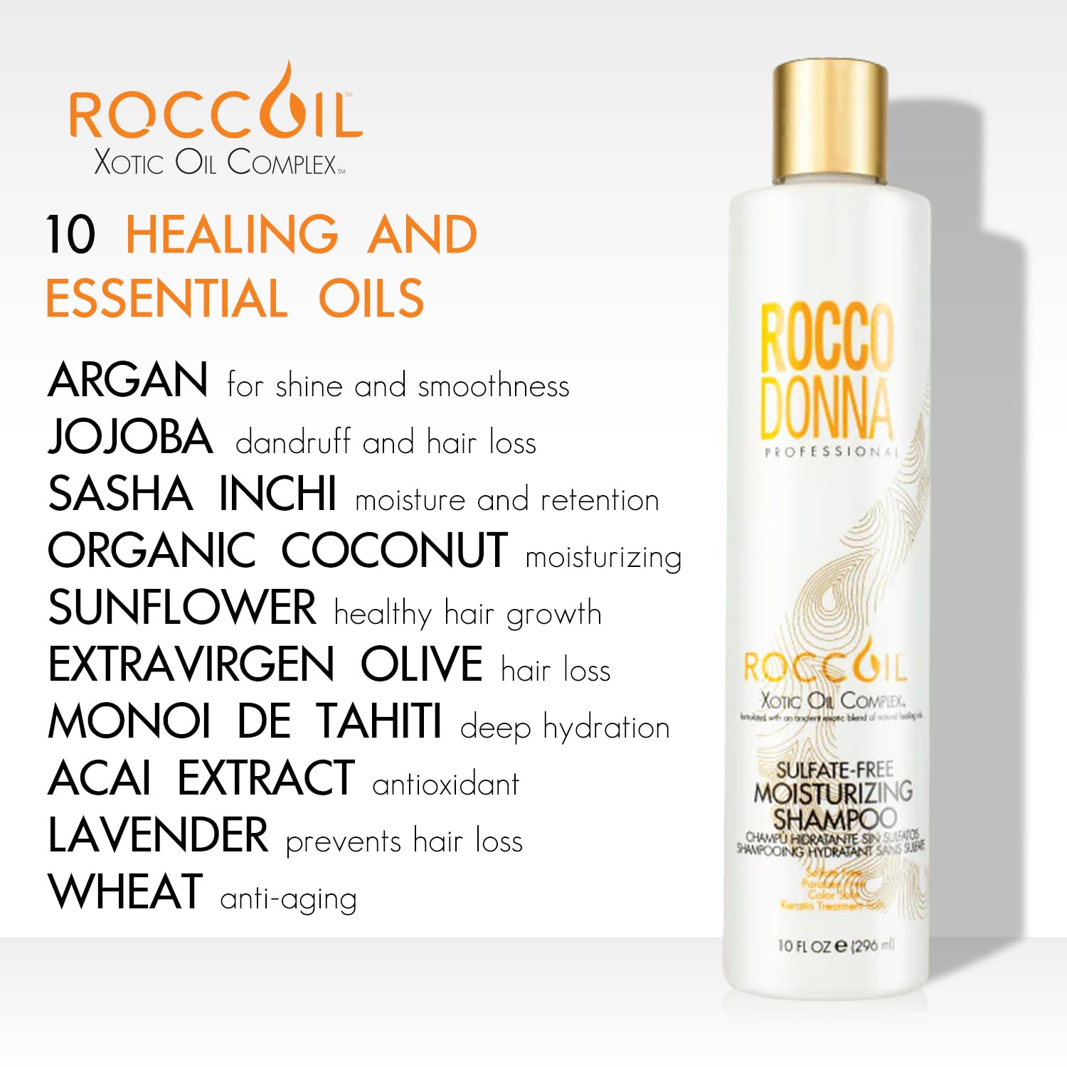 Rocco Donna Sulfate Free Moisturizing Shampoo, Gentle Cleansing, Enhanced Smoothing and Shine for Color Treated Hair, with Xotic Oil Complex & Argan Oil, Paraben-free, Keratin Treatment Safe, 10 oz
